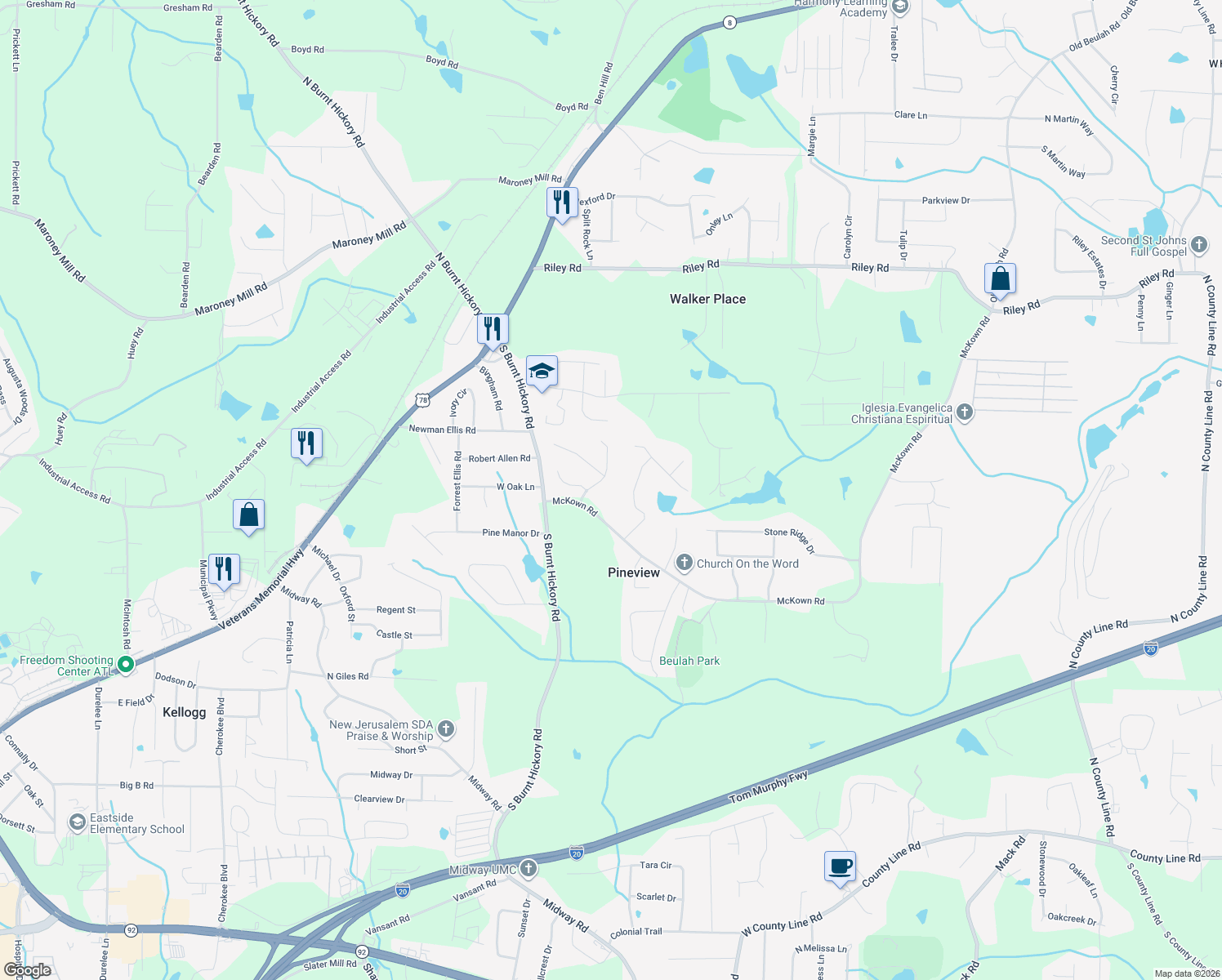 map of restaurants, bars, coffee shops, grocery stores, and more near 1280 12 Oaks Dr in Douglasville
