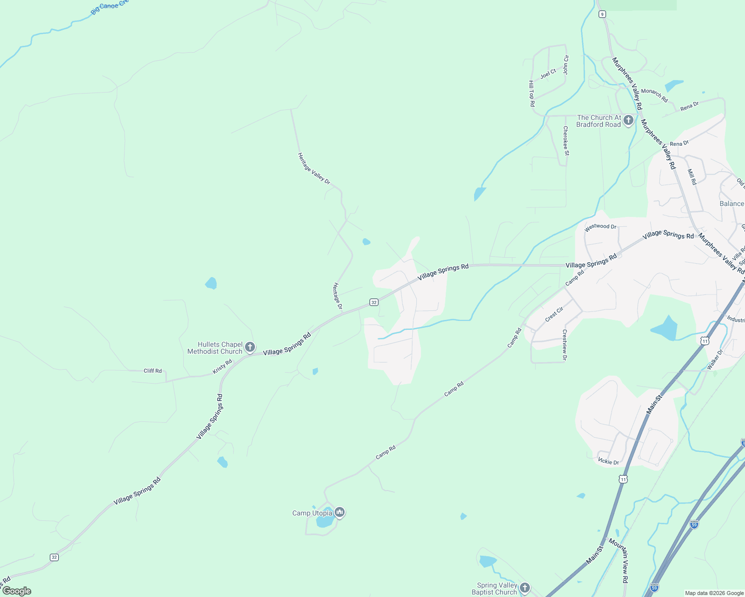 map of restaurants, bars, coffee shops, grocery stores, and more near 134 Heritage Lane in Springville