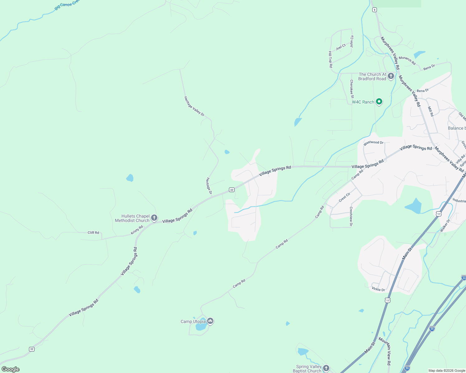 map of restaurants, bars, coffee shops, grocery stores, and more near 189 Village Trace Drive in Springville