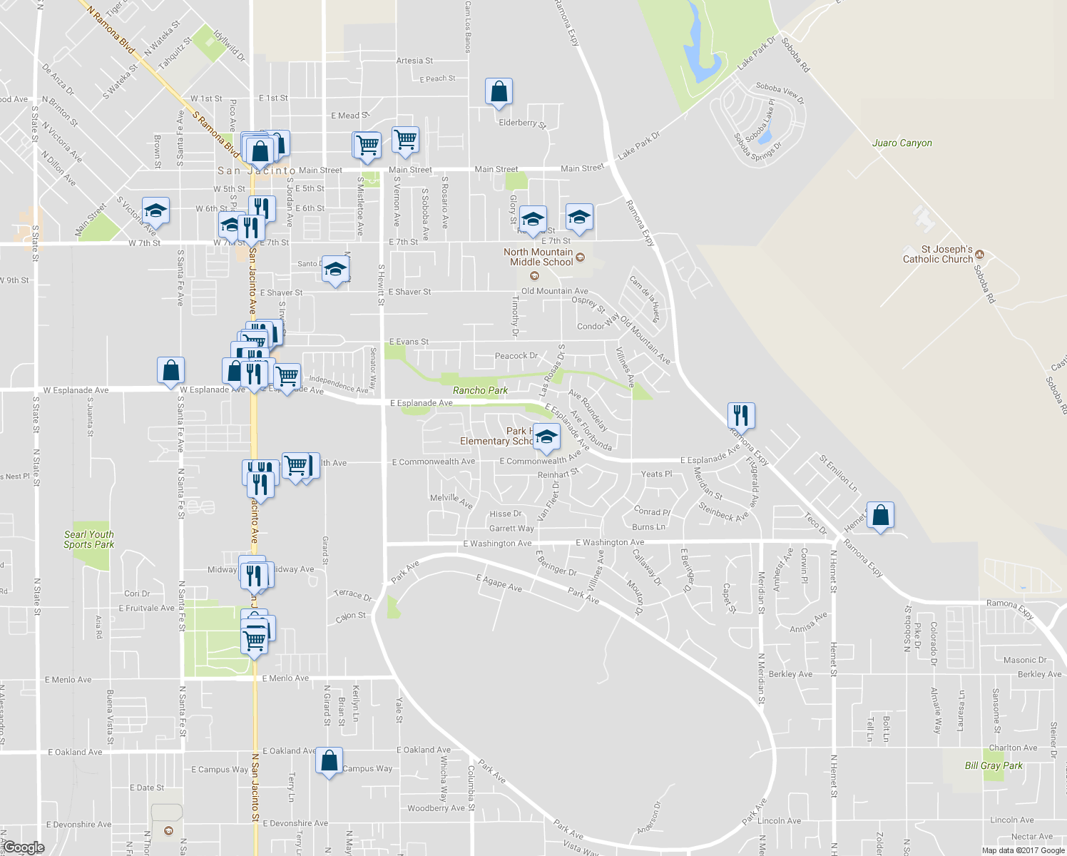 map of restaurants, bars, coffee shops, grocery stores, and more near 1636 Puentes Drive in San Jacinto