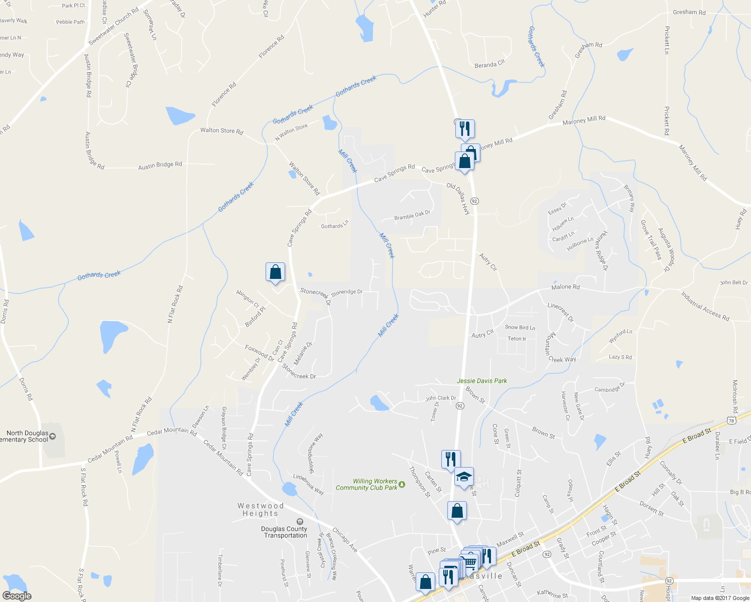 map of restaurants, bars, coffee shops, grocery stores, and more near 7599 Stonebush Way in Douglasville