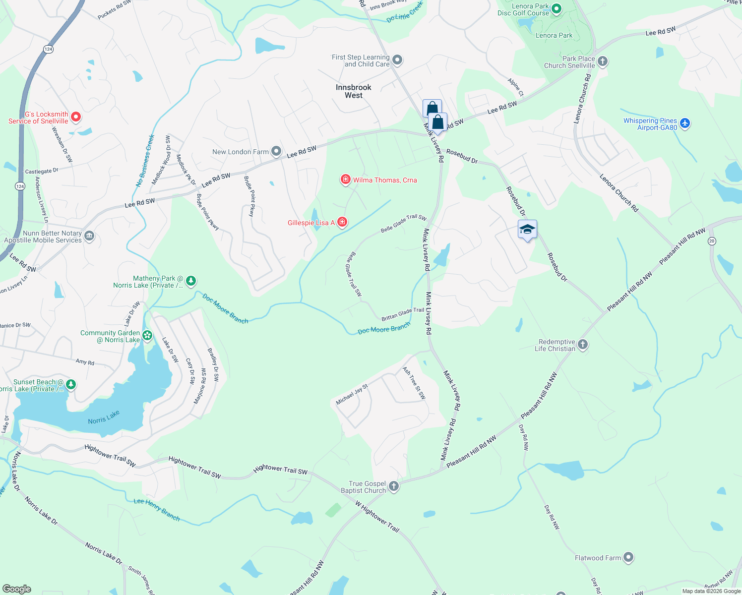 map of restaurants, bars, coffee shops, grocery stores, and more near 3961 Brittan Glade Trail in Snellville