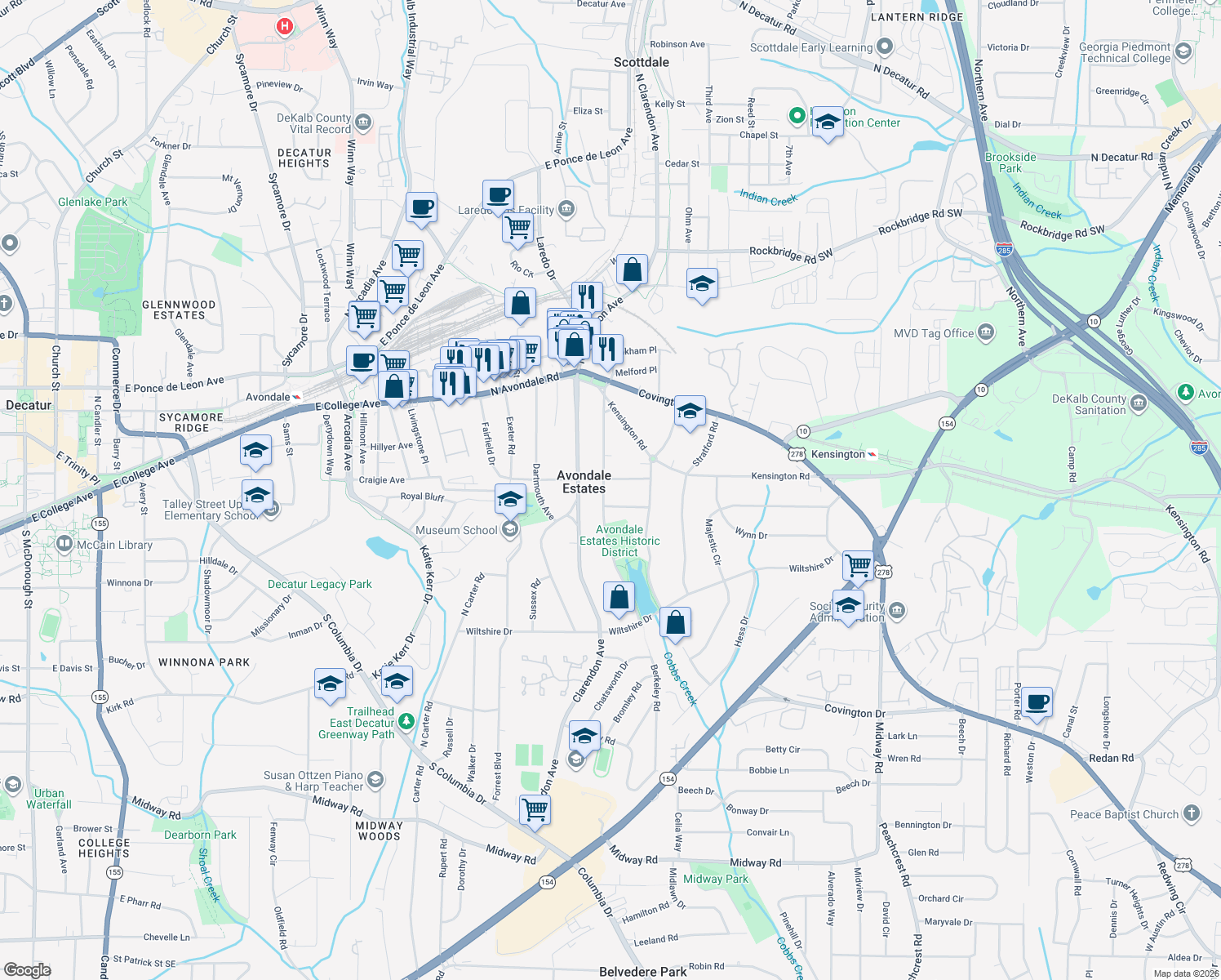map of restaurants, bars, coffee shops, grocery stores, and more near 42 Berkeley Road in Avondale Estates