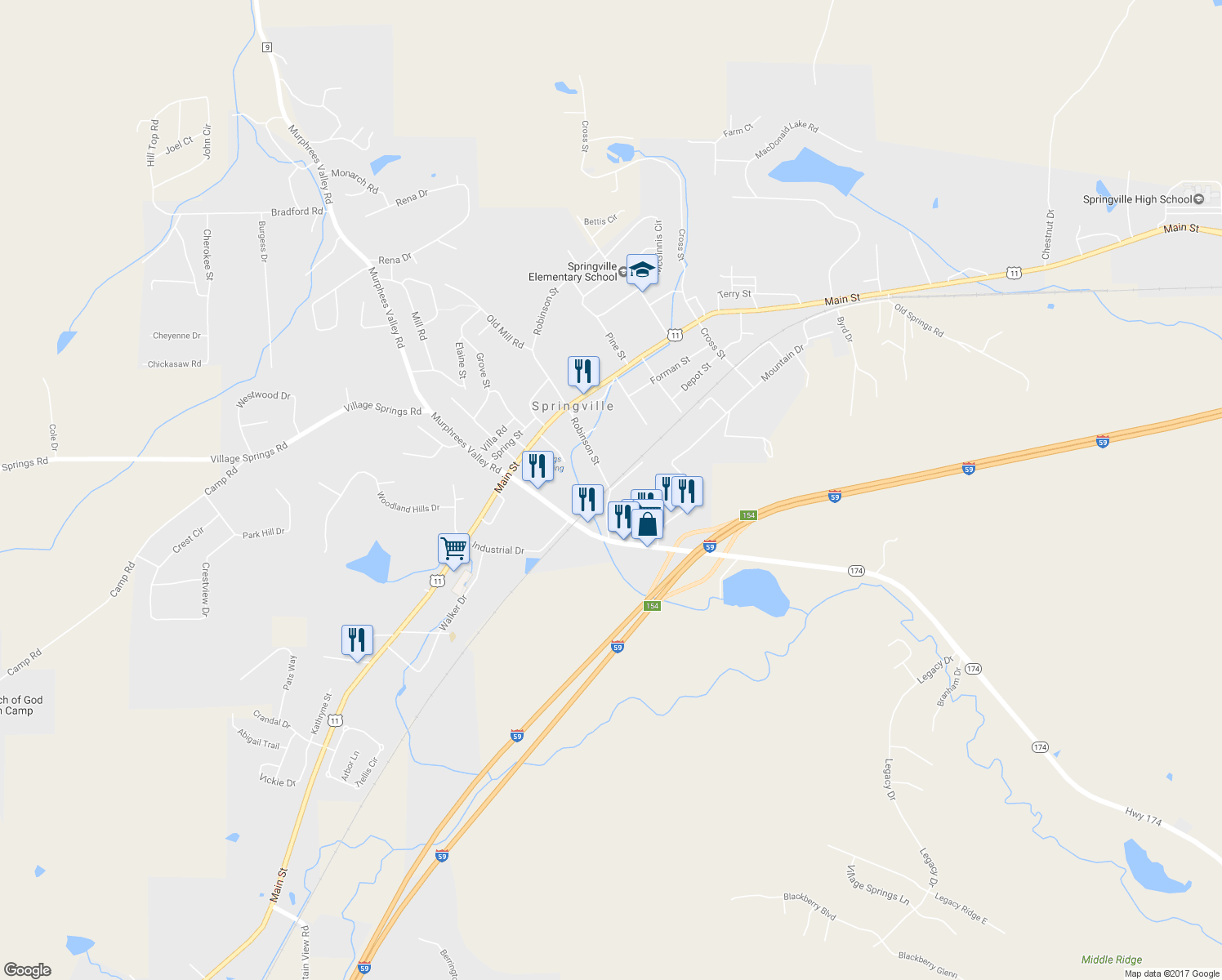 map of restaurants, bars, coffee shops, grocery stores, and more near 112 Robinson Street in Springville