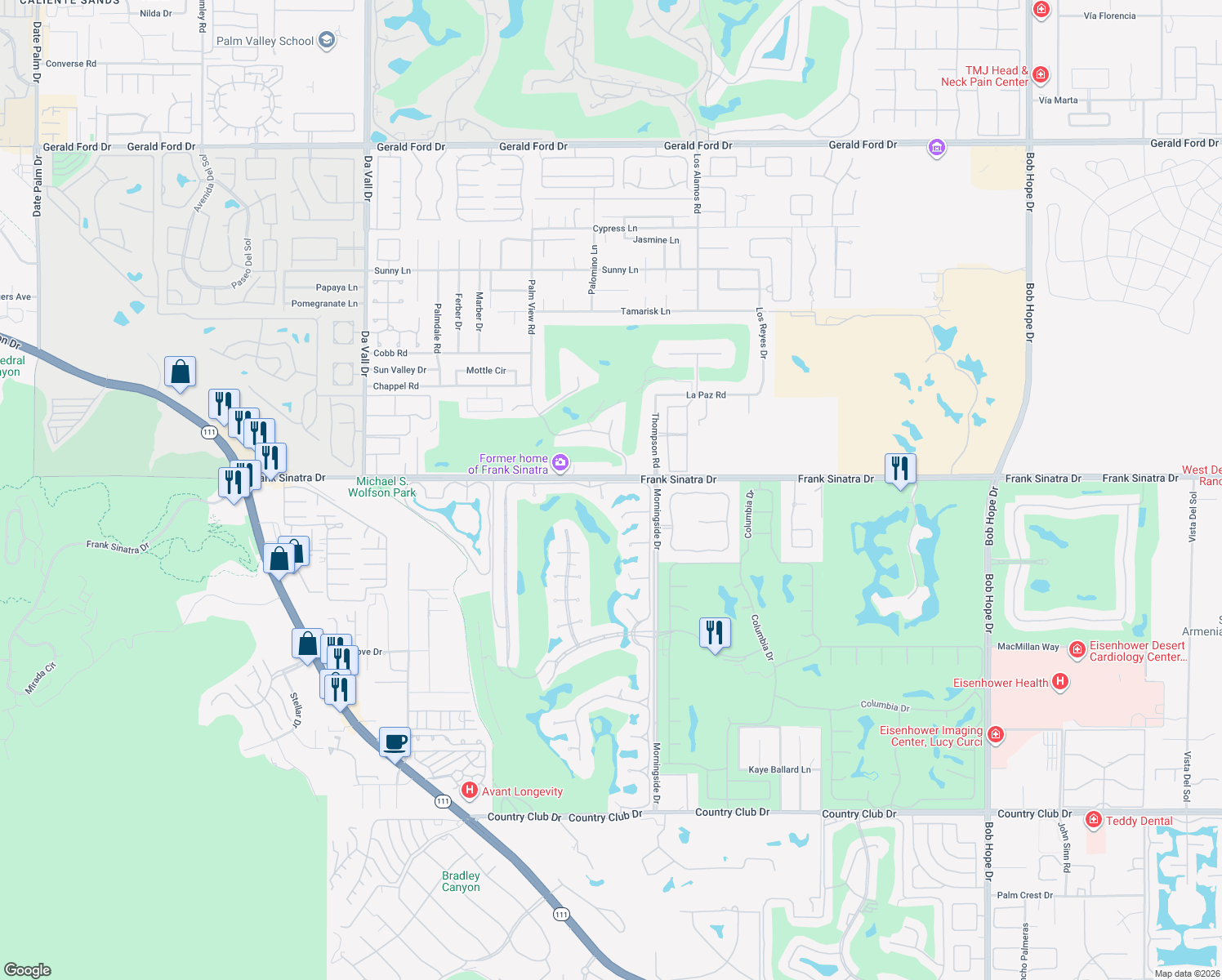map of restaurants, bars, coffee shops, grocery stores, and more near 43 Park Lane in Rancho Mirage