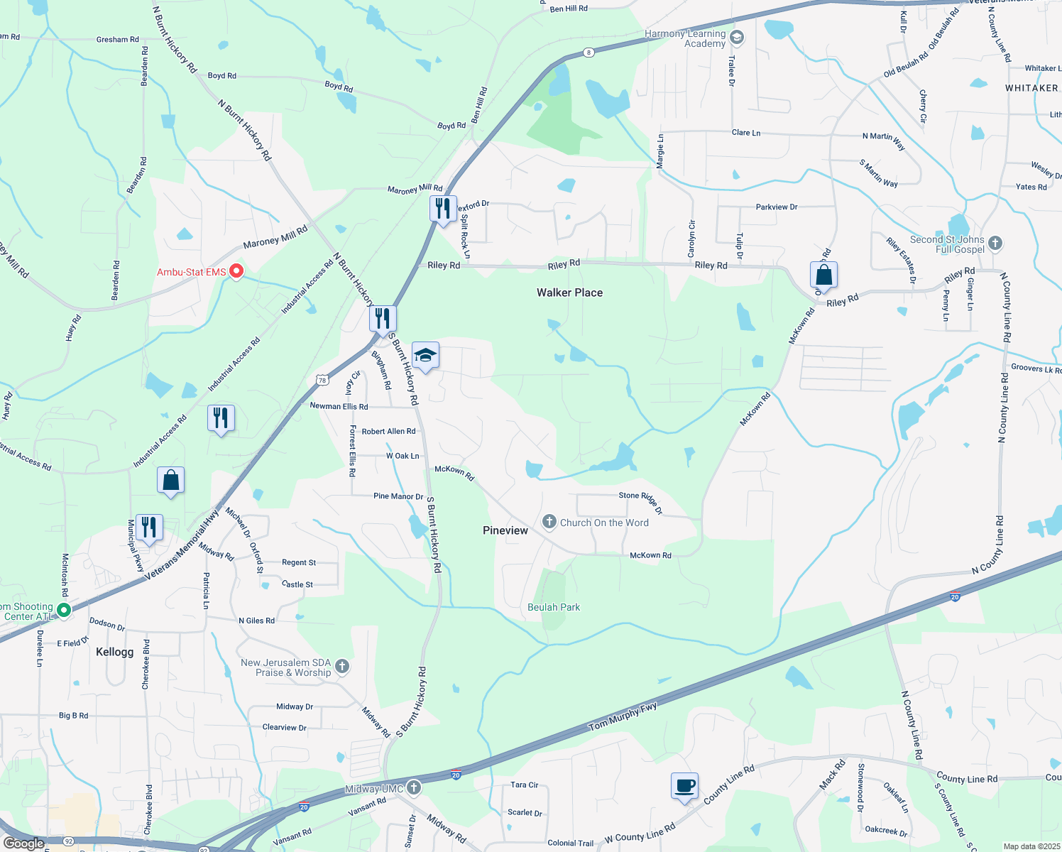 map of restaurants, bars, coffee shops, grocery stores, and more near 3858 Glenlake Drive in Douglasville