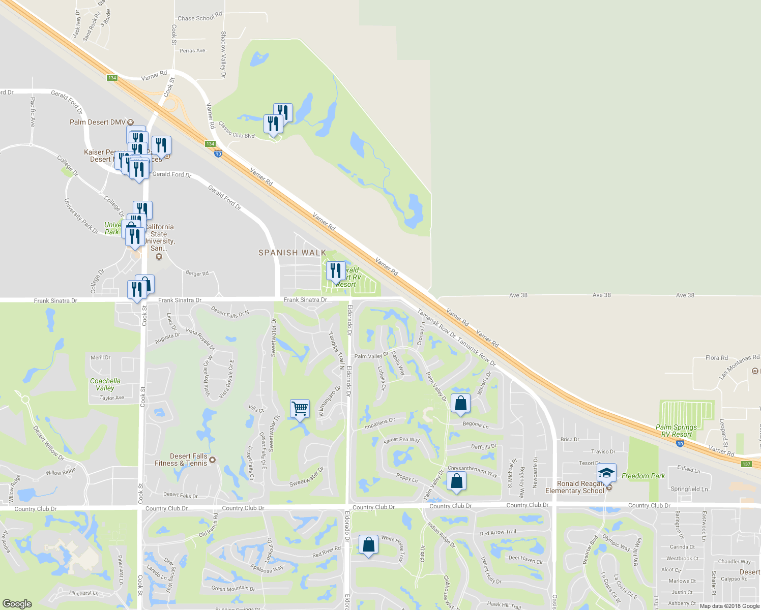map of restaurants, bars, coffee shops, grocery stores, and more near 38035 Crocus Lane in Palm Desert