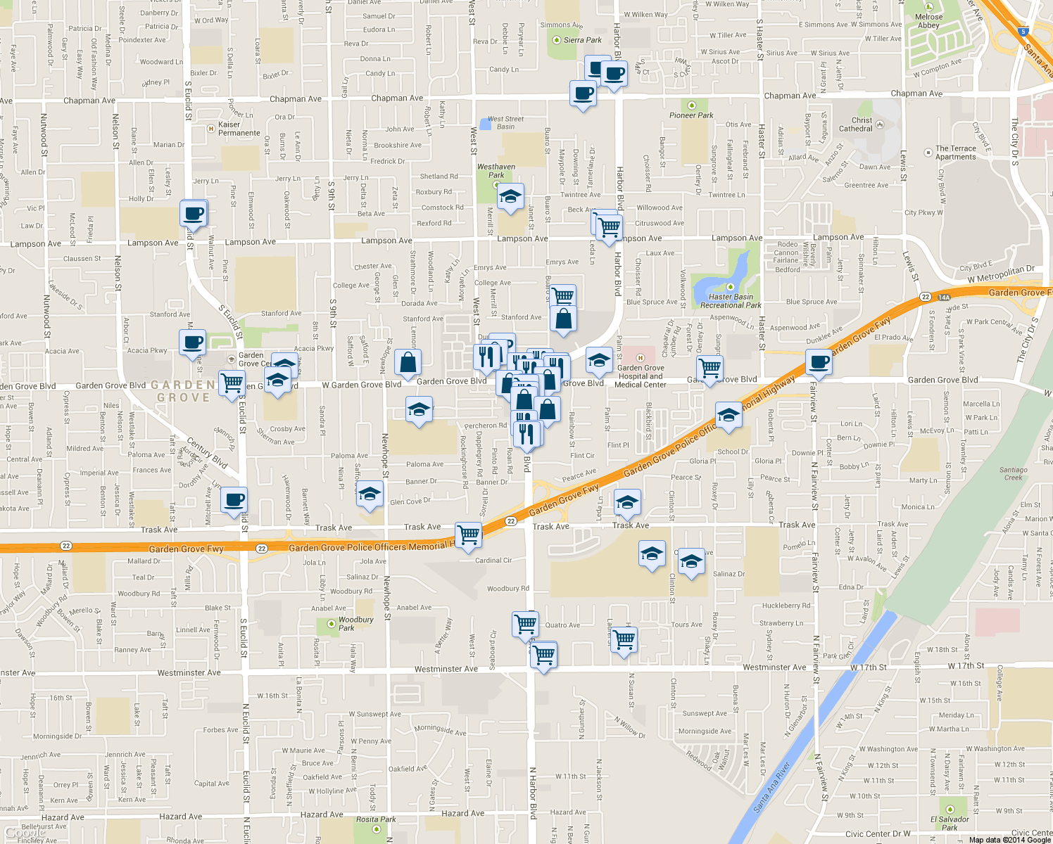 map of restaurants, bars, coffee shops, grocery stores, and more near 13141 Harbor Blvd in Garden Grove