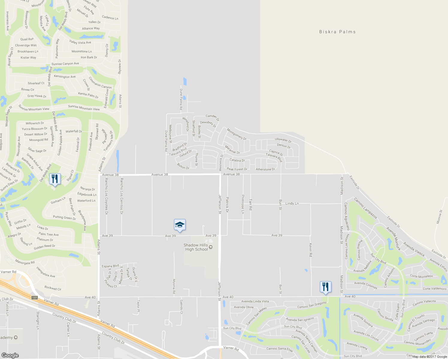 map of restaurants, bars, coffee shops, grocery stores, and more near 38075 Patrick Drive in Indio