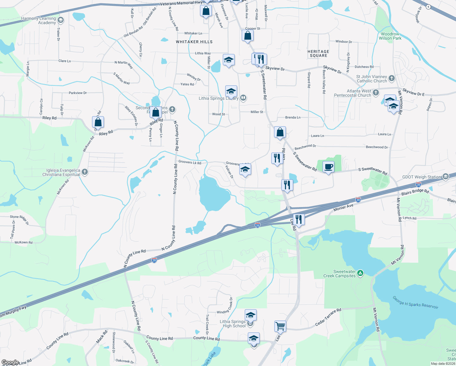map of restaurants, bars, coffee shops, grocery stores, and more near 1225 Andrews Drive in Lithia Springs