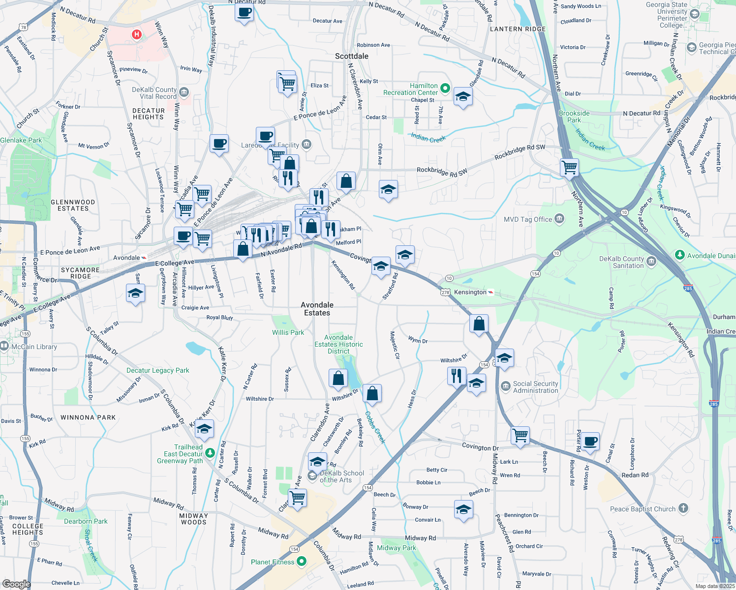 map of restaurants, bars, coffee shops, grocery stores, and more near 26 Kensington Road in Avondale Estates
