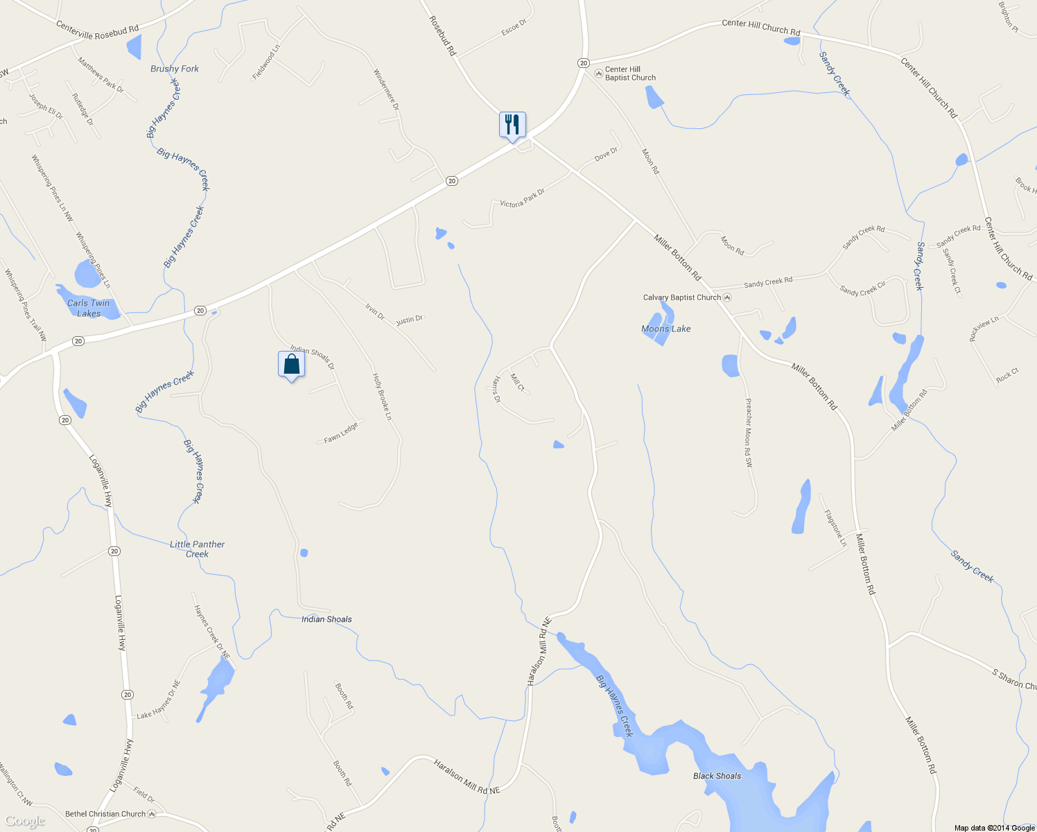 map of restaurants, bars, coffee shops, grocery stores, and more near 472 Harris Drive in Conyers