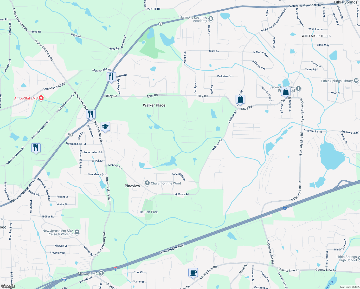 map of restaurants, bars, coffee shops, grocery stores, and more near 3445 Huntington Court in Douglasville