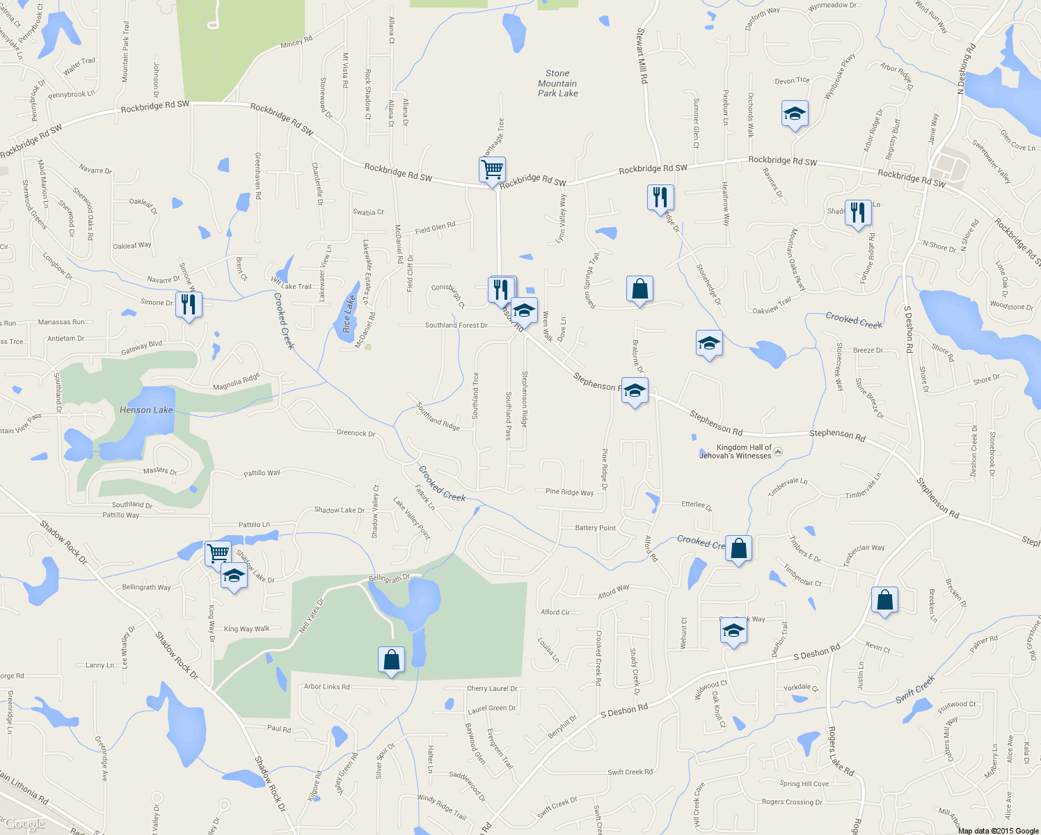 map of restaurants, bars, coffee shops, grocery stores, and more near 767 Stephenson Ridge in Stone Mountain