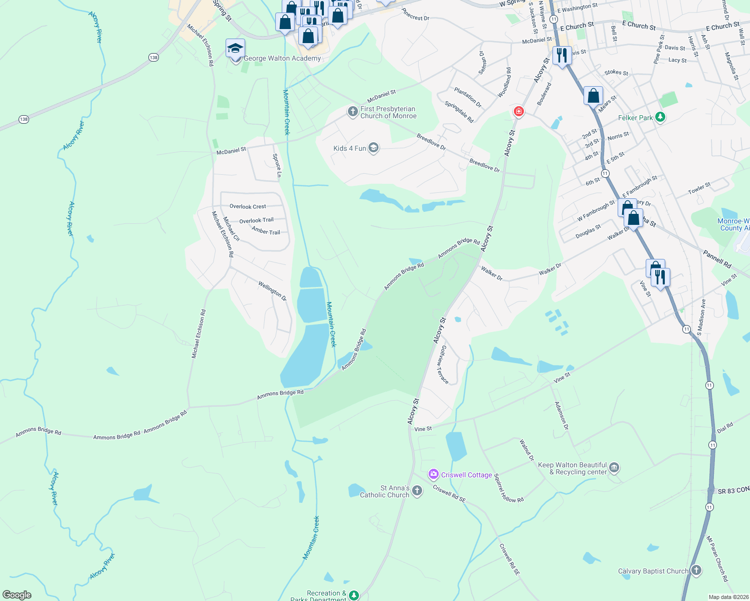 map of restaurants, bars, coffee shops, grocery stores, and more near 705 Masters Drive in Monroe