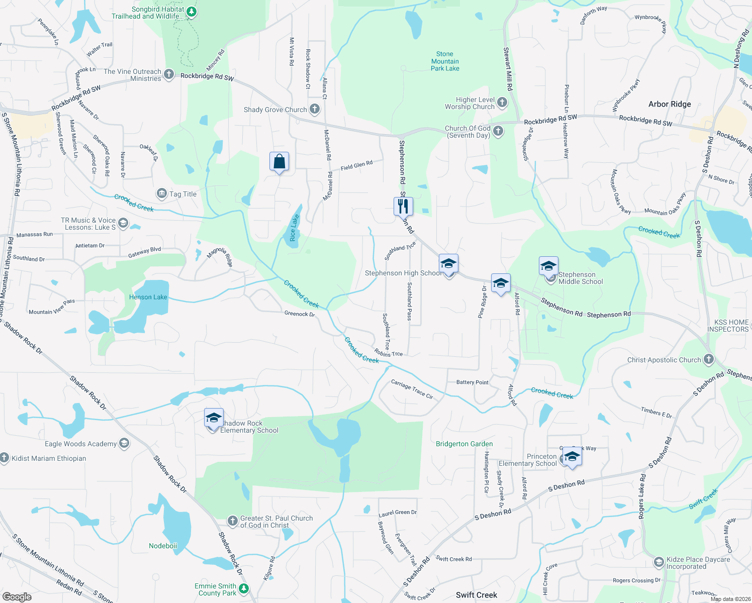 map of restaurants, bars, coffee shops, grocery stores, and more near 855 Southland Point in Stone Mountain