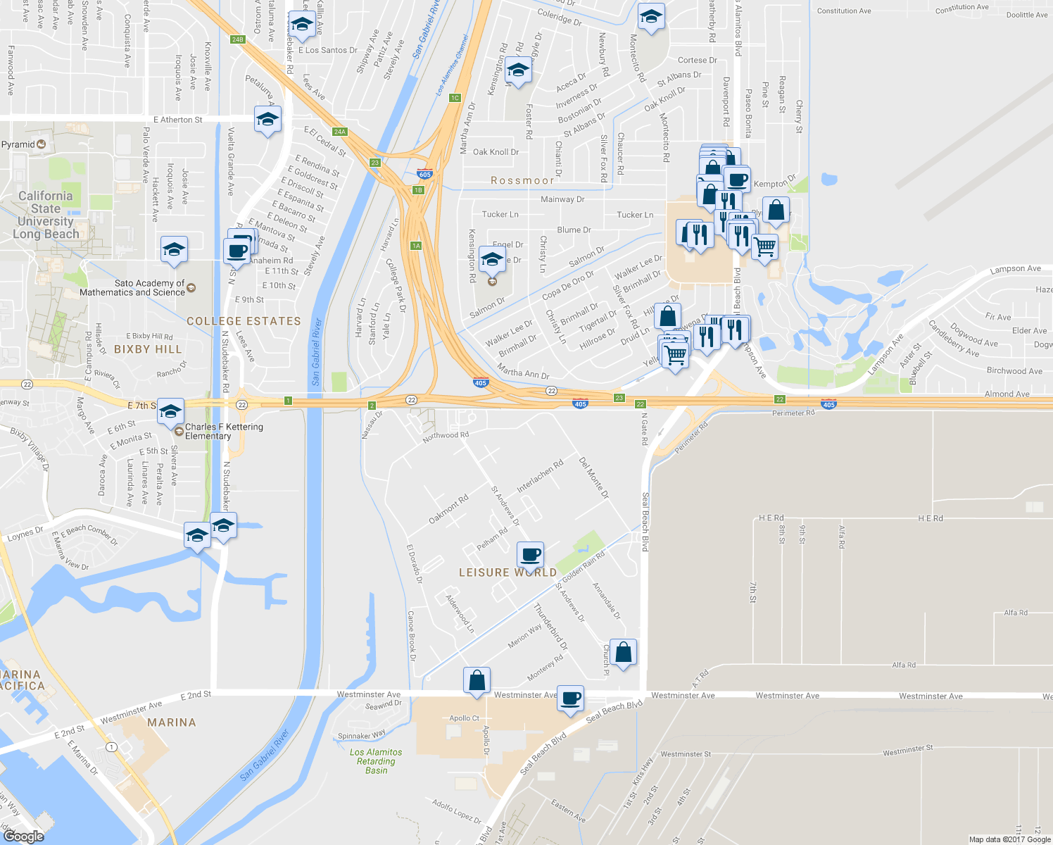 map of restaurants, bars, coffee shops, grocery stores, and more near 2450 North Gate Road in Seal Beach