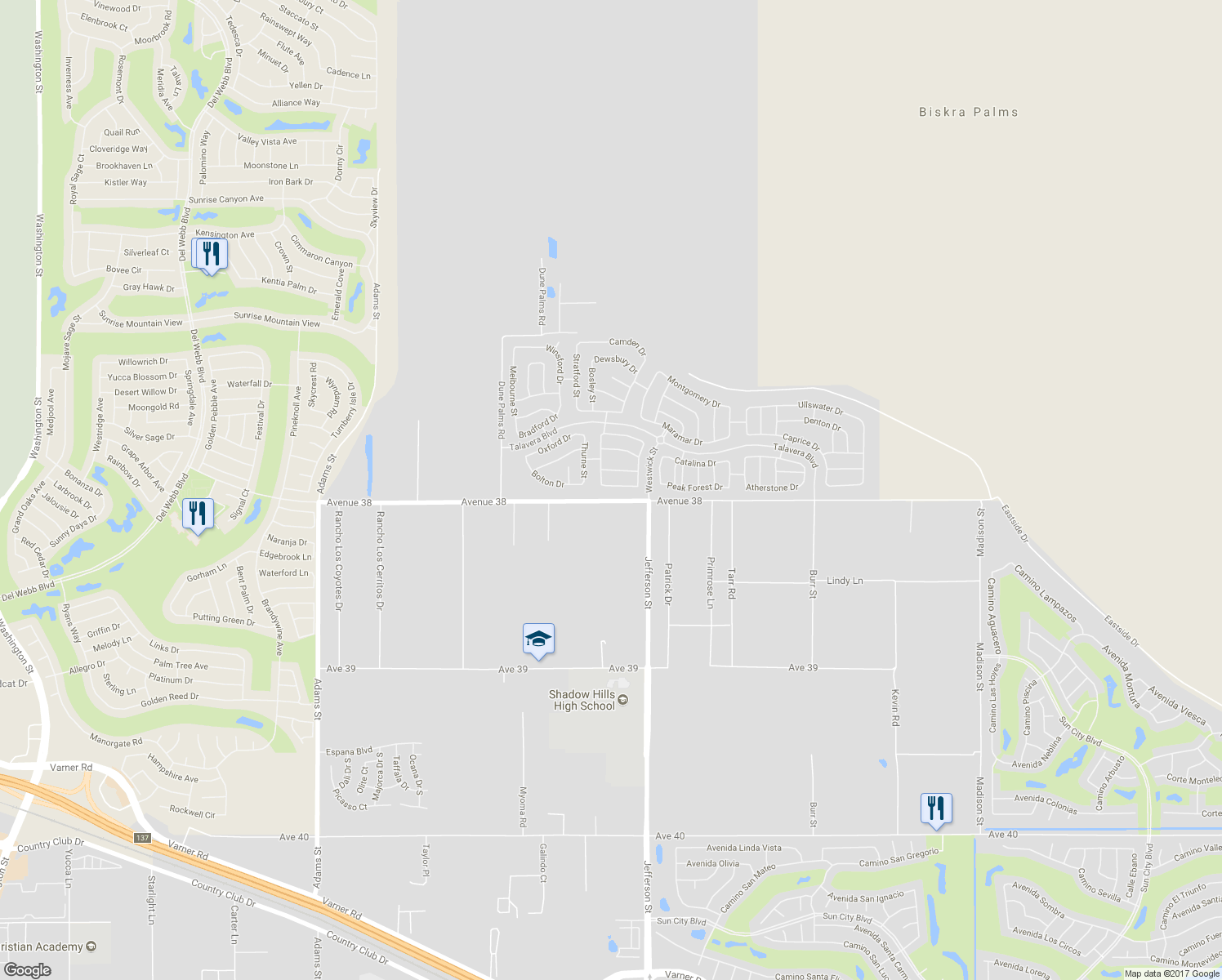 map of restaurants, bars, coffee shops, grocery stores, and more near 79889 Swansea Avenue in Indio