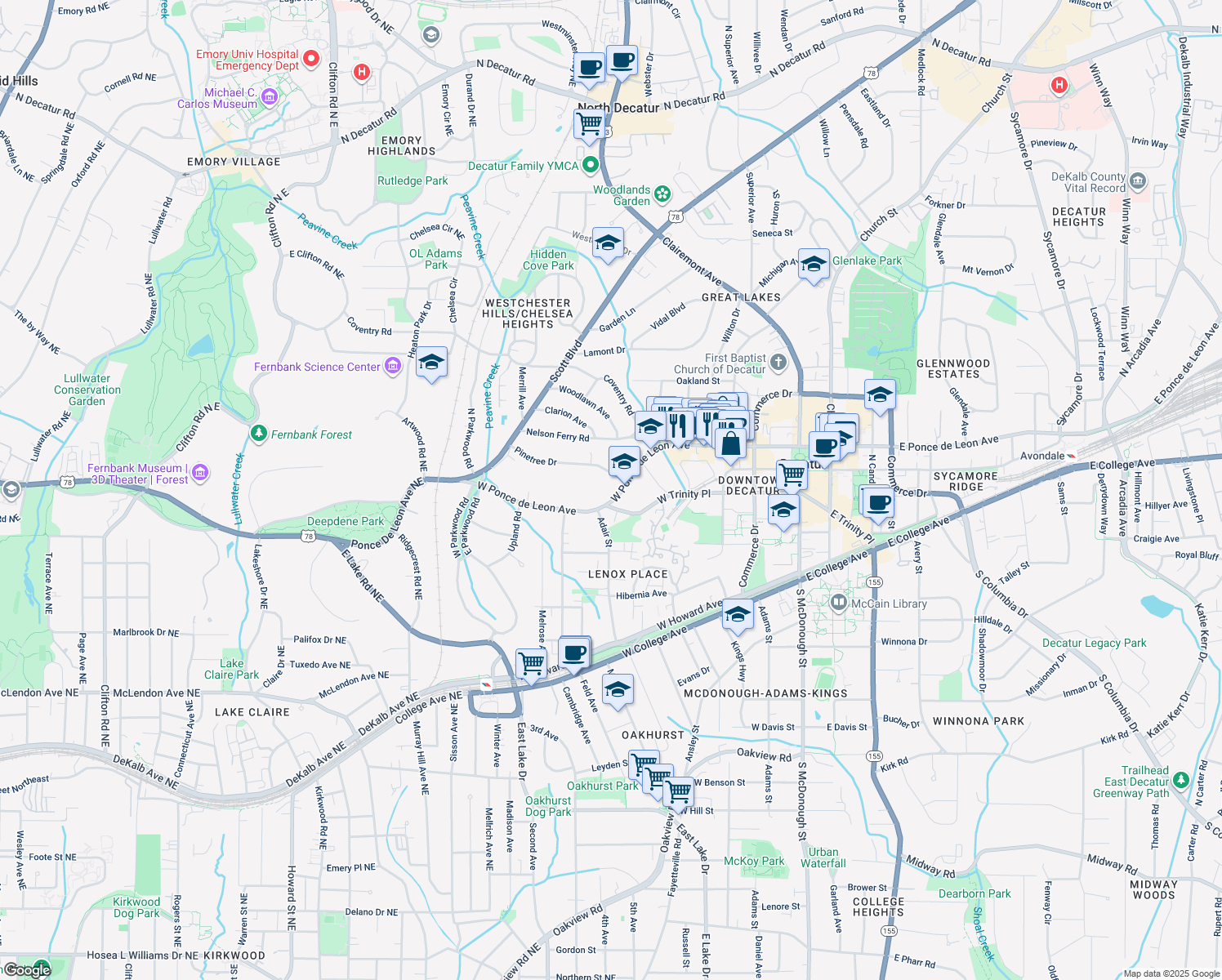 map of restaurants, bars, coffee shops, grocery stores, and more near 639 West Ponce de Leon Avenue in Decatur