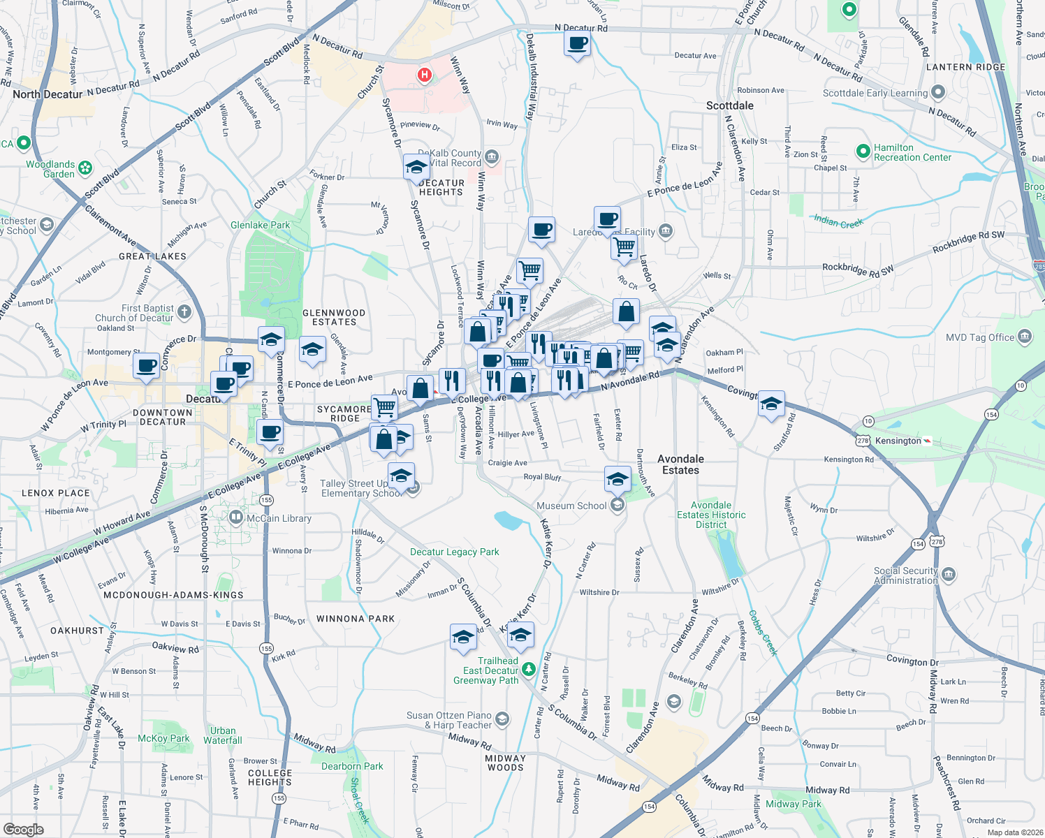 map of restaurants, bars, coffee shops, grocery stores, and more near 730 Brown Place in Decatur
