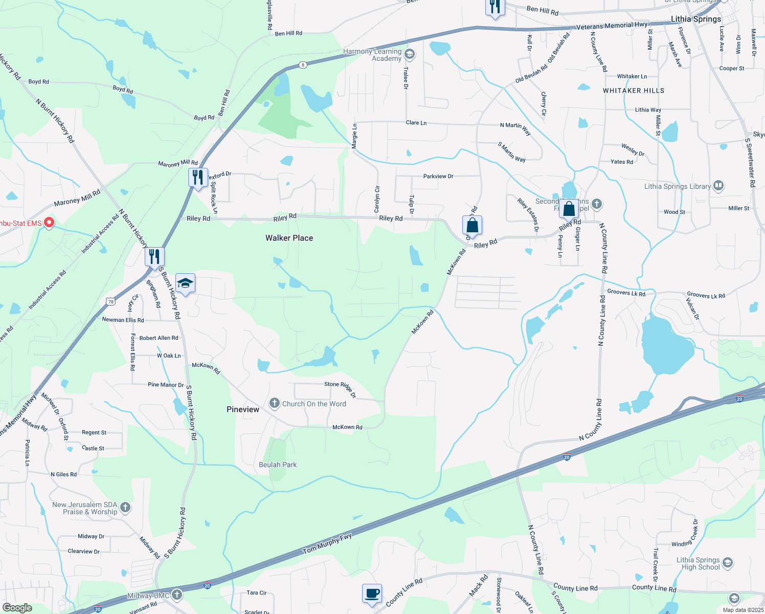 map of restaurants, bars, coffee shops, grocery stores, and more near 3387 Saddleton Way in Douglasville