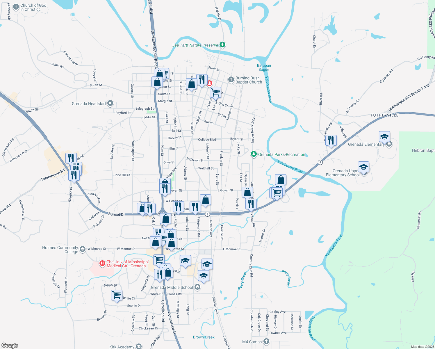 map of restaurants, bars, coffee shops, grocery stores, and more near 1074 Berry Street in Grenada