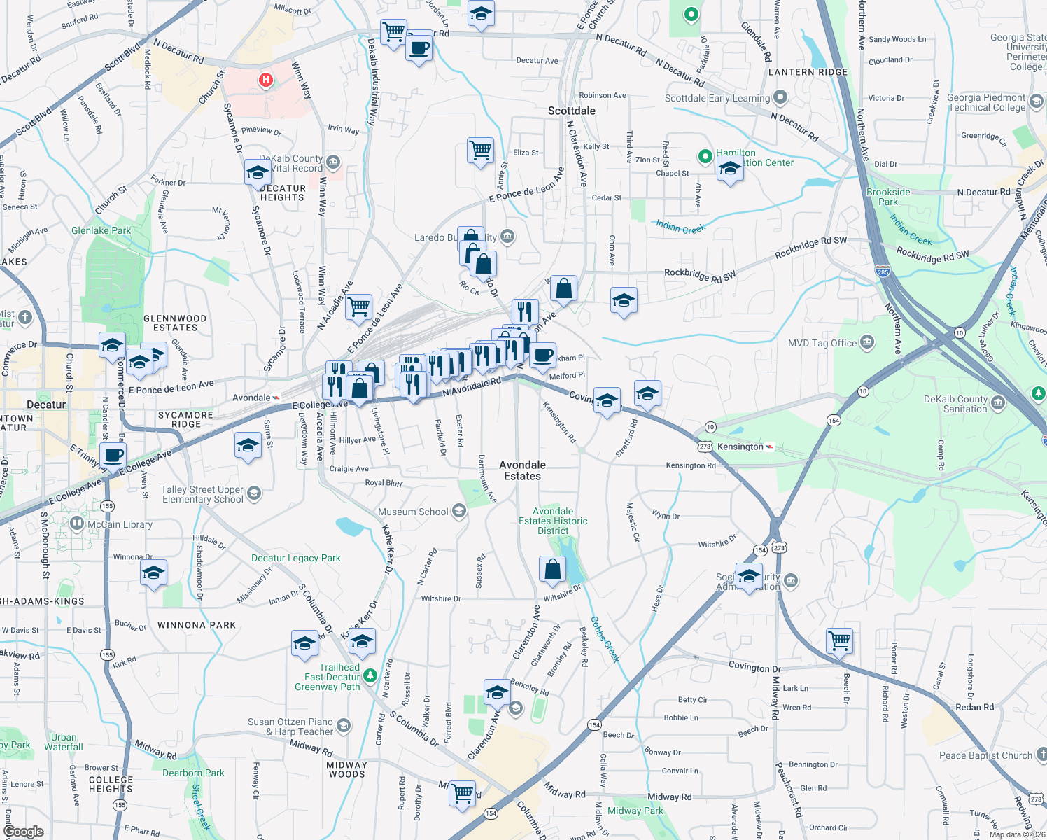 map of restaurants, bars, coffee shops, grocery stores, and more near 14 Clarendon Ave in Avondale Estates