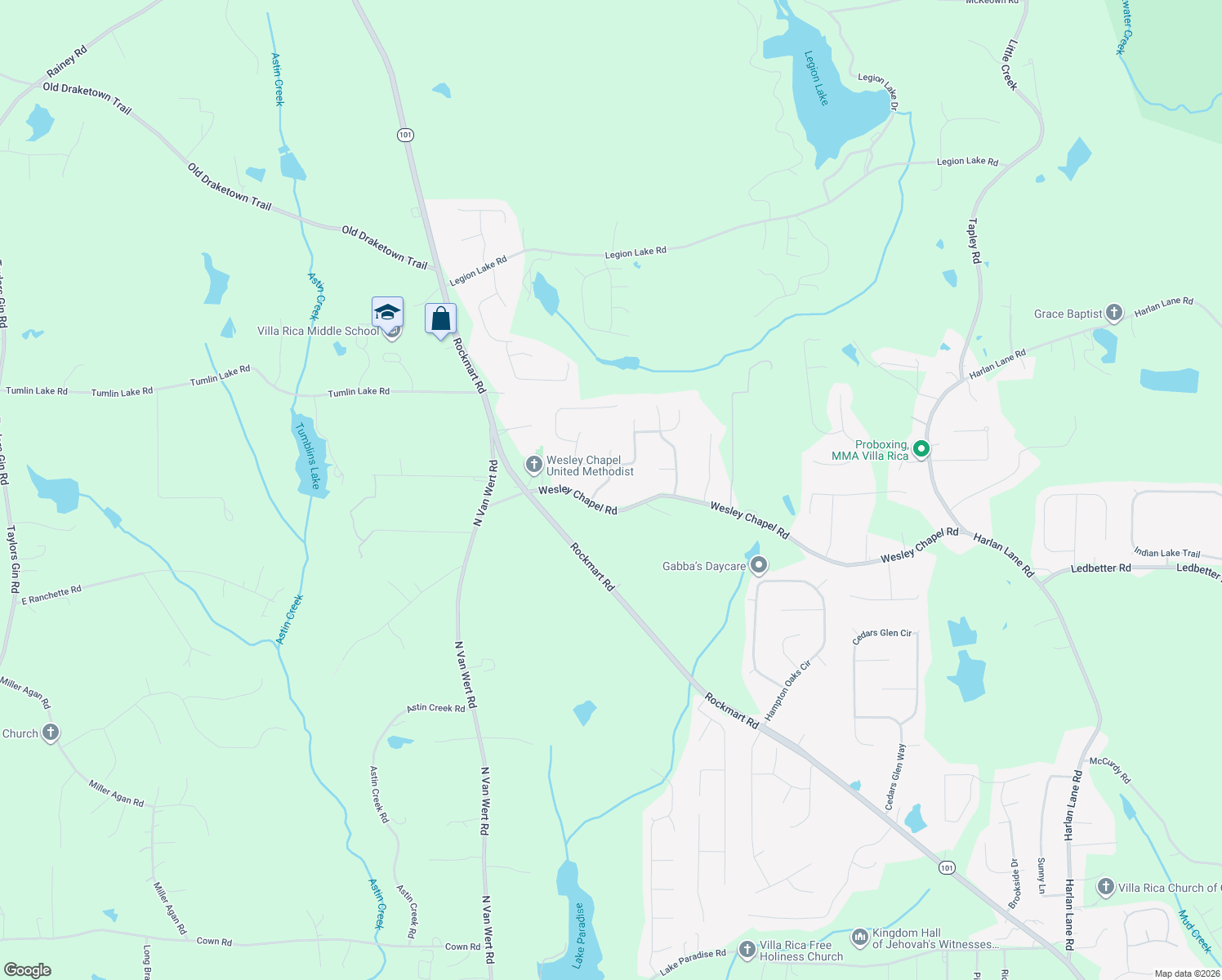 map of restaurants, bars, coffee shops, grocery stores, and more near 213 Wesley Mill Way in Villa Rica