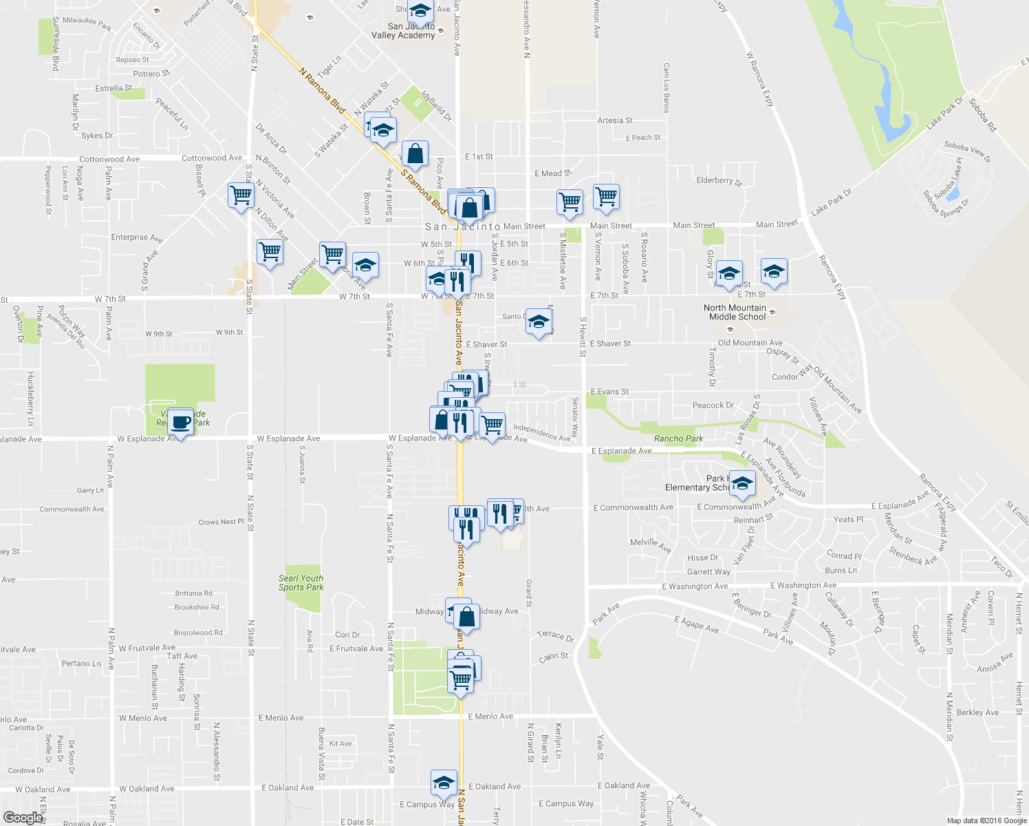 map of restaurants, bars, coffee shops, grocery stores, and more near 1368 Randolph Cir in San Jacinto