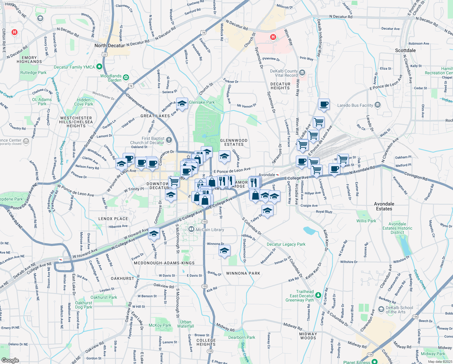 map of restaurants, bars, coffee shops, grocery stores, and more near 249 Sycamore Place in Decatur