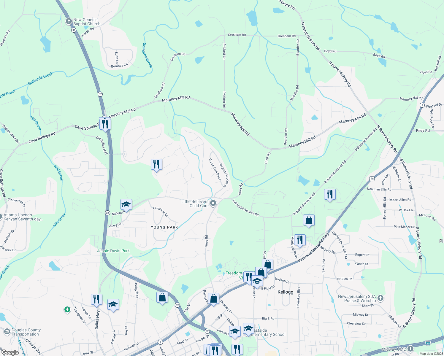 map of restaurants, bars, coffee shops, grocery stores, and more near 1172 Grove Trail Pass in Douglasville