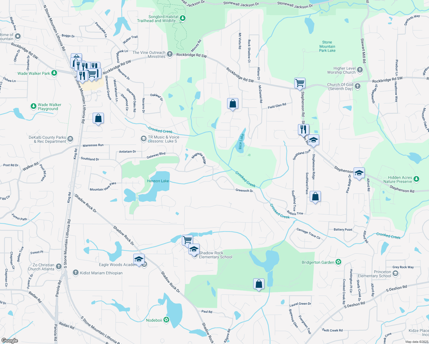 map of restaurants, bars, coffee shops, grocery stores, and more near 931 Linsley Way in Stone Mountain