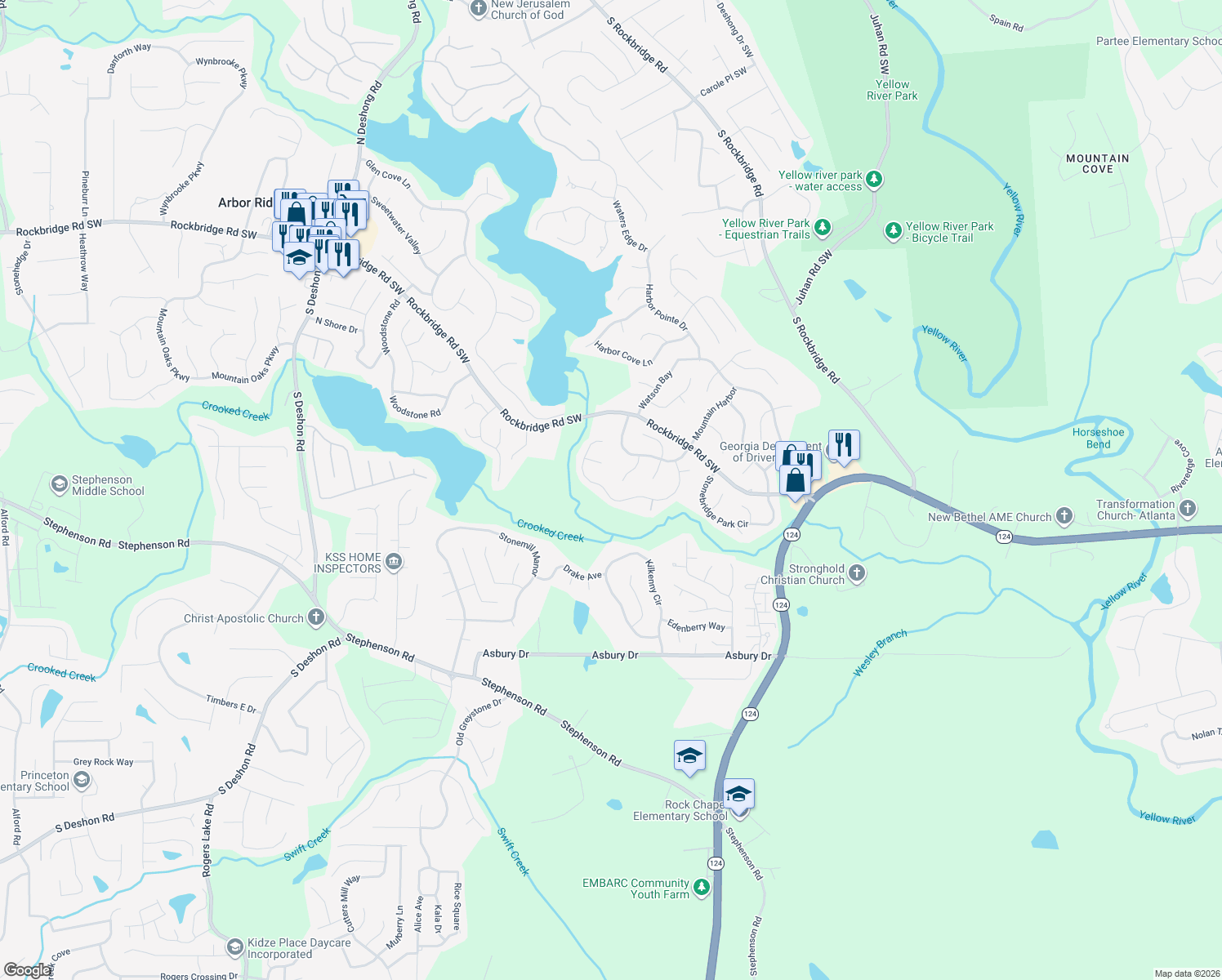 map of restaurants, bars, coffee shops, grocery stores, and more near 817 Stonebridge Crescent in Lithonia