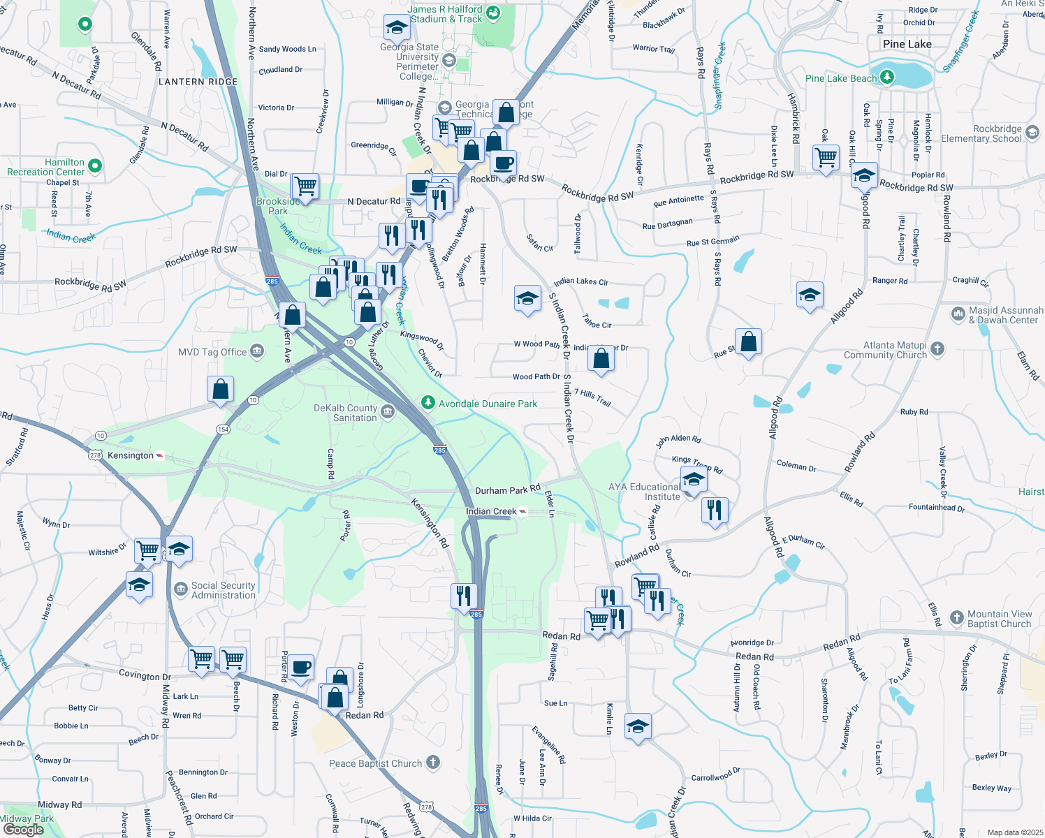 map of restaurants, bars, coffee shops, grocery stores, and more near 3918 S Creek Ct in Stone Mountain