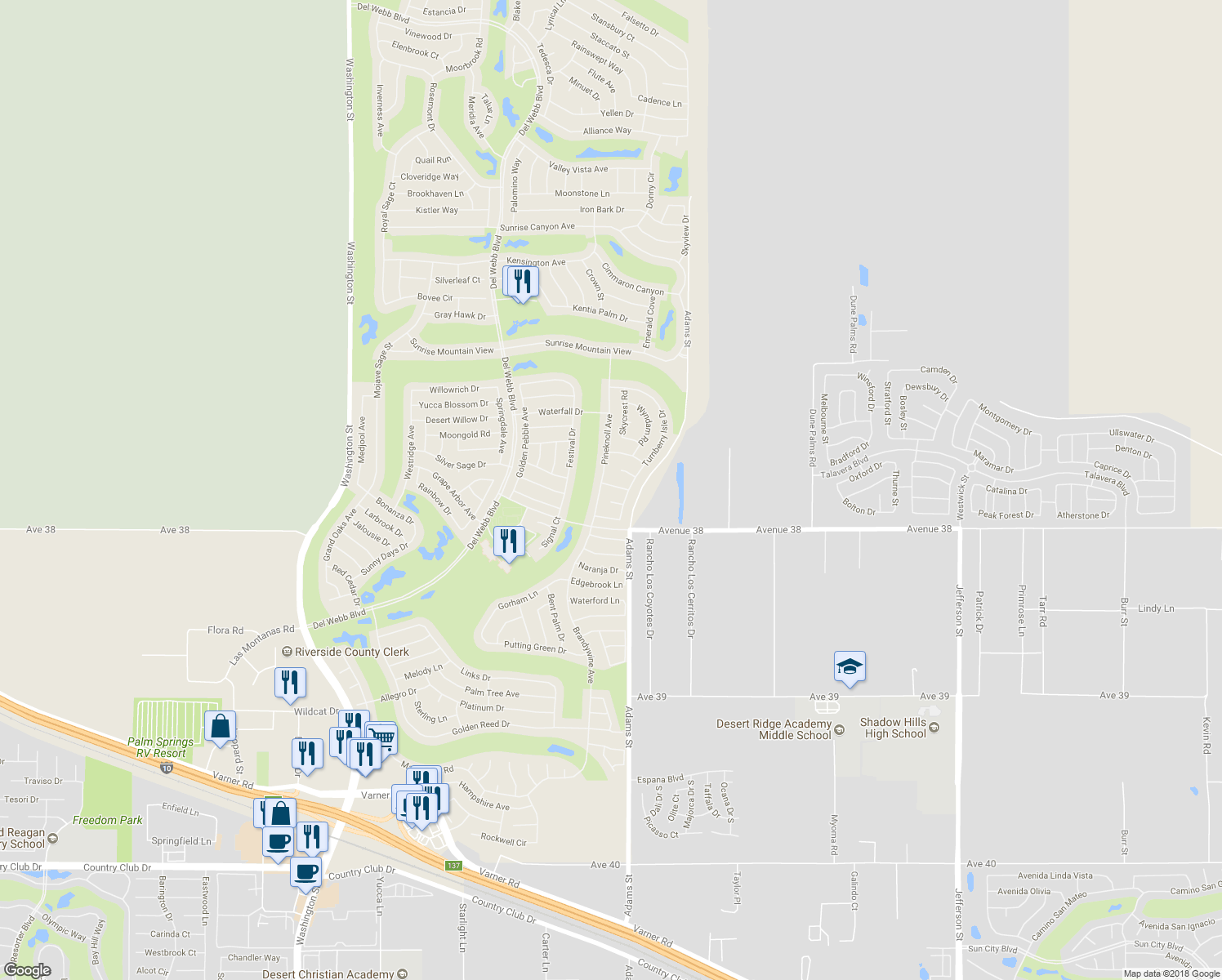 map of restaurants, bars, coffee shops, grocery stores, and more near 78797 Tamarisk Flower Drive in Palm Desert