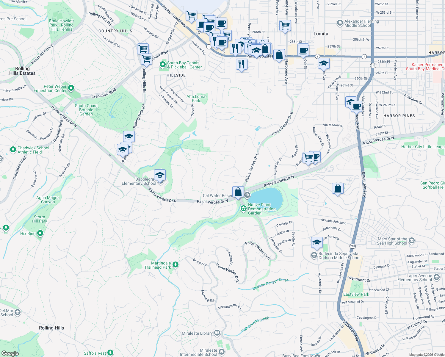 map of restaurants, bars, coffee shops, grocery stores, and more near 3 Sorrel Lane in Rolling Hills Estates
