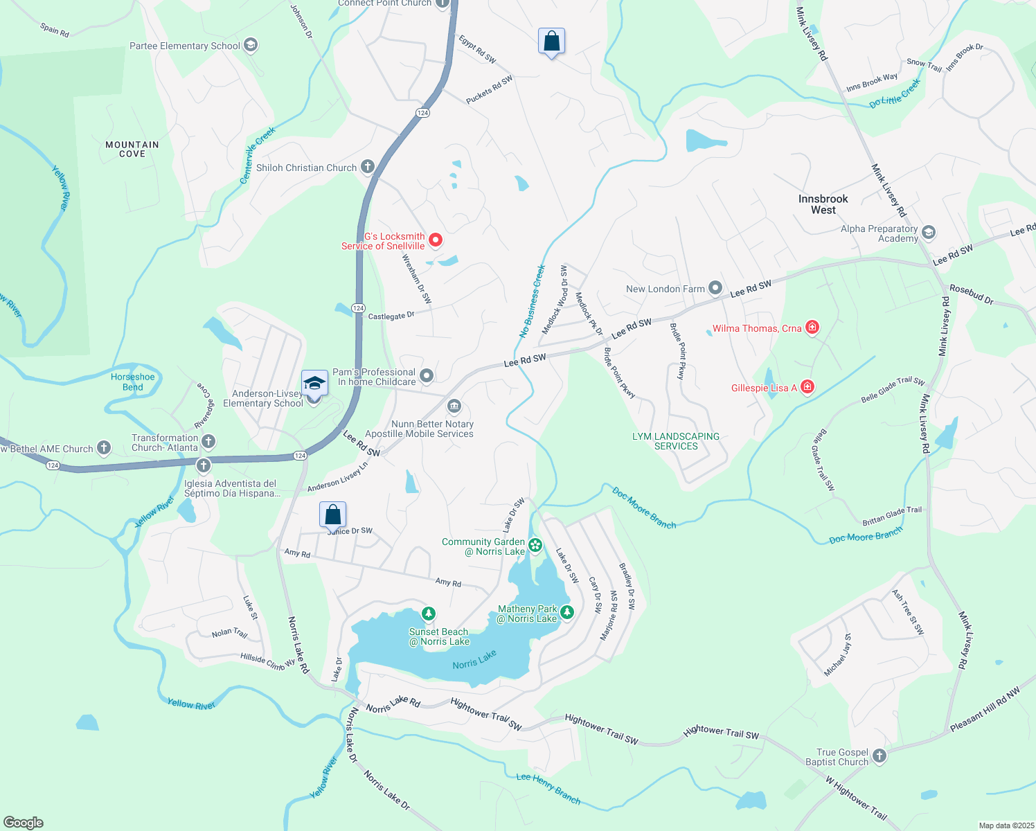 map of restaurants, bars, coffee shops, grocery stores, and more near 4588 James Wade Drive in Snellville