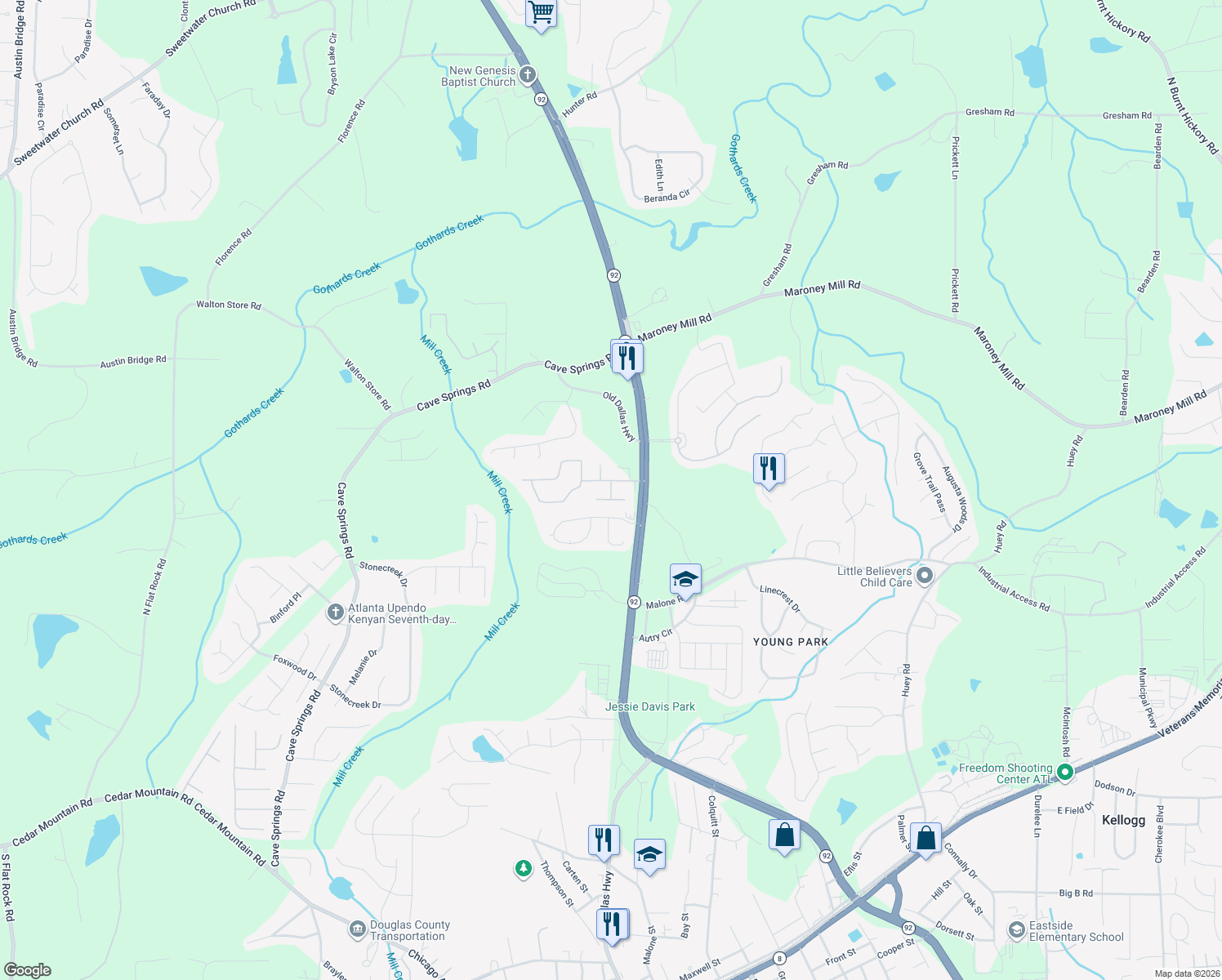 map of restaurants, bars, coffee shops, grocery stores, and more near 1123 Busby Way in Douglasville