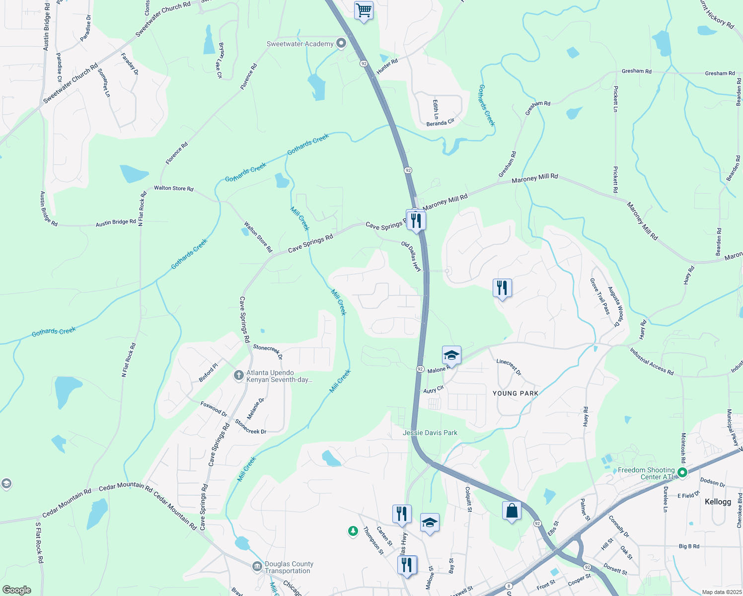 map of restaurants, bars, coffee shops, grocery stores, and more near 911 Mcduffie Circle in Douglasville