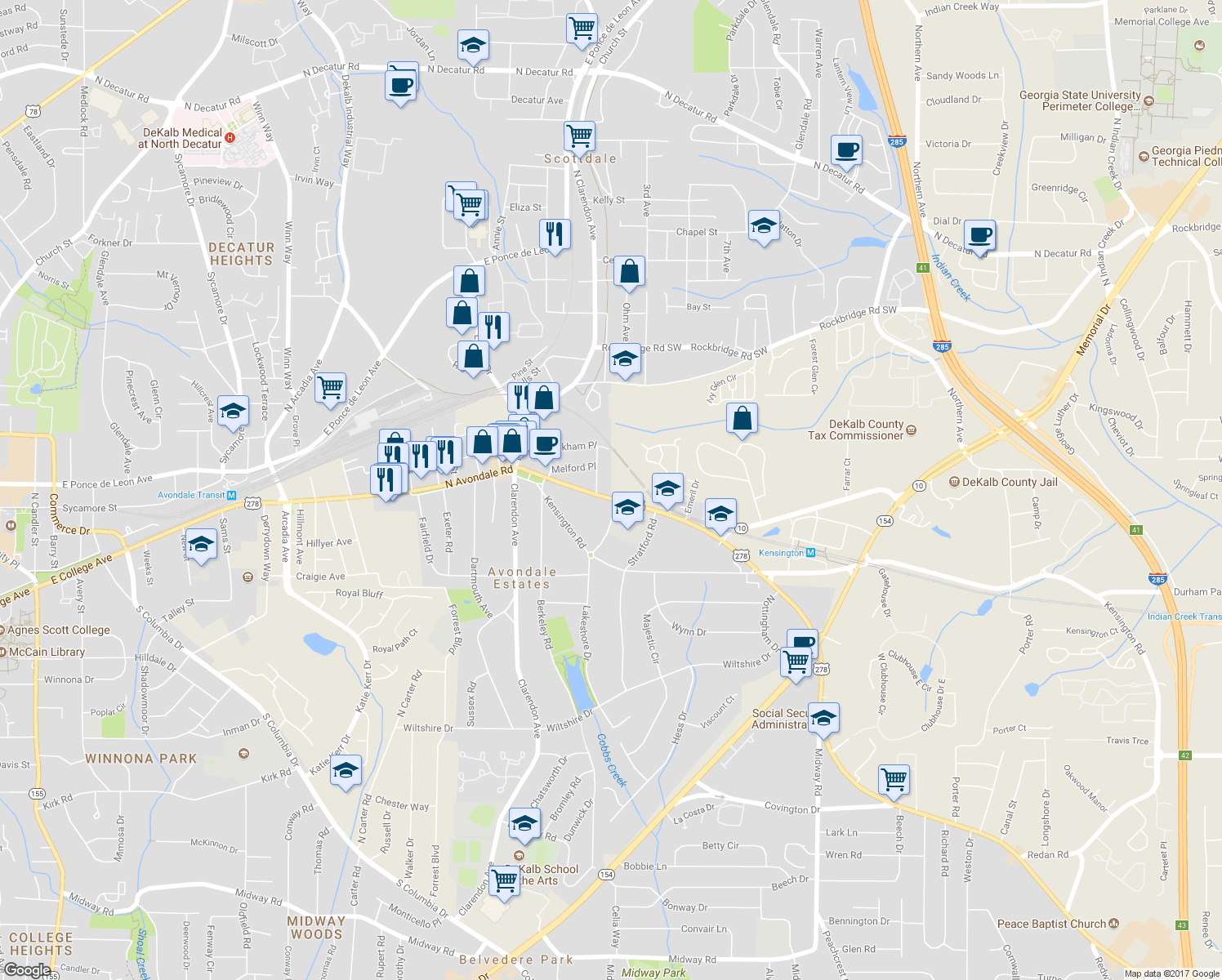 map of restaurants, bars, coffee shops, grocery stores, and more near 28 Covington Rd in Avondale Estates