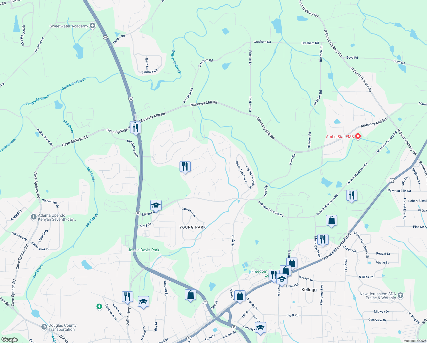 map of restaurants, bars, coffee shops, grocery stores, and more near 7420 Hunters Ridge Drive in Douglasville