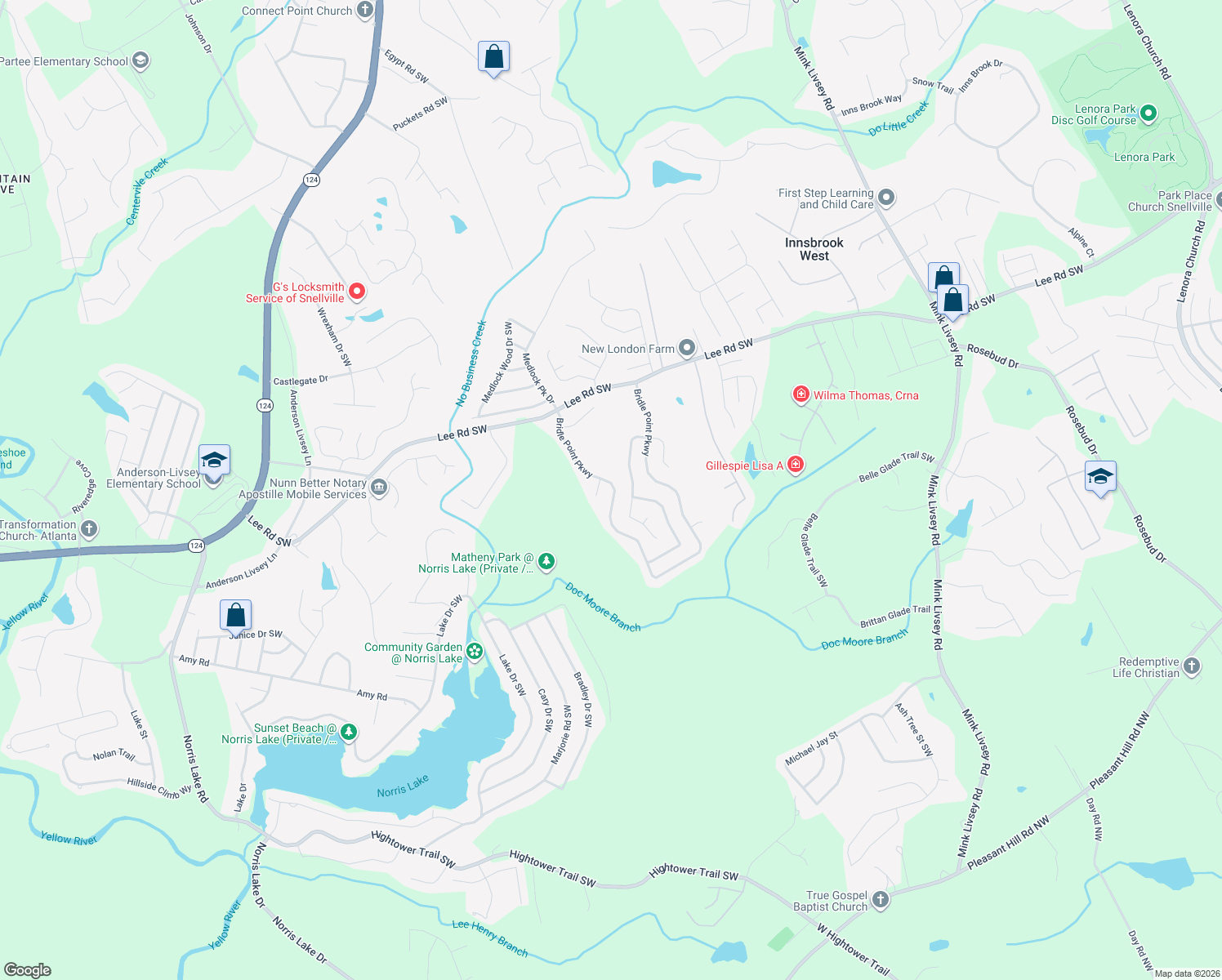 map of restaurants, bars, coffee shops, grocery stores, and more near 4525 Bridle Point Parkway in Snellville