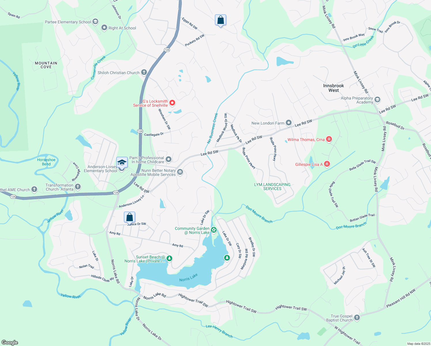 map of restaurants, bars, coffee shops, grocery stores, and more near 4477 James Wade Drive in Snellville