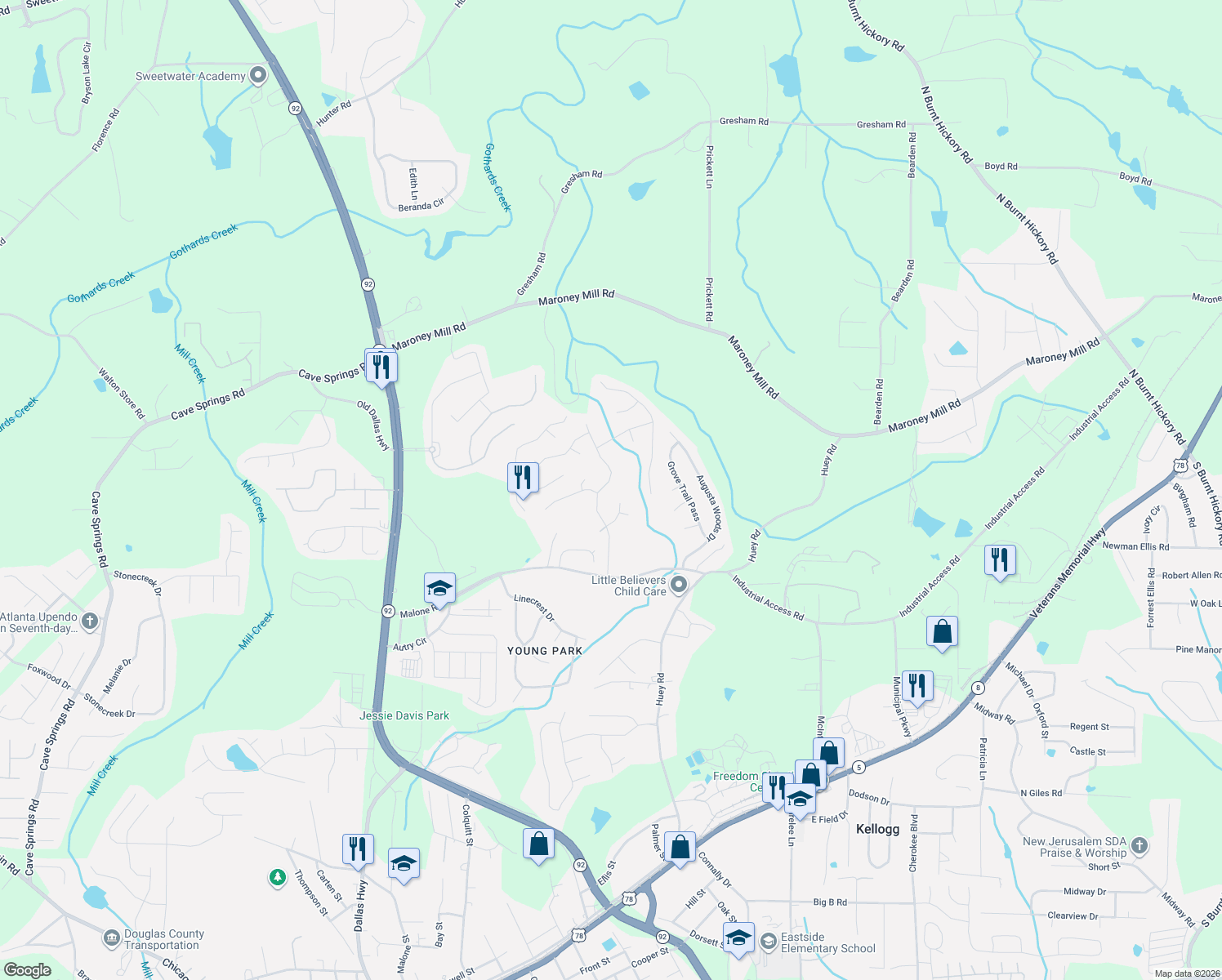 map of restaurants, bars, coffee shops, grocery stores, and more near 7420 Hunters Ridge Drive in Douglasville