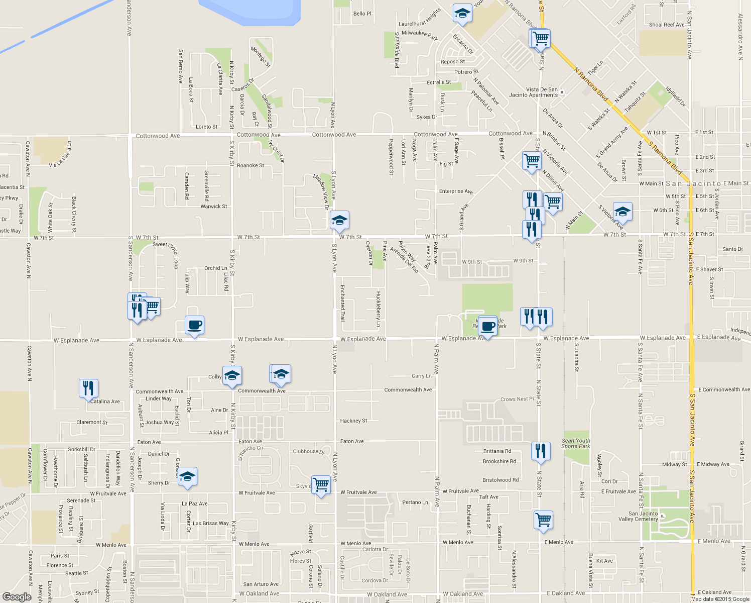 map of restaurants, bars, coffee shops, grocery stores, and more near 1318 Vanguard Court in San Jacinto
