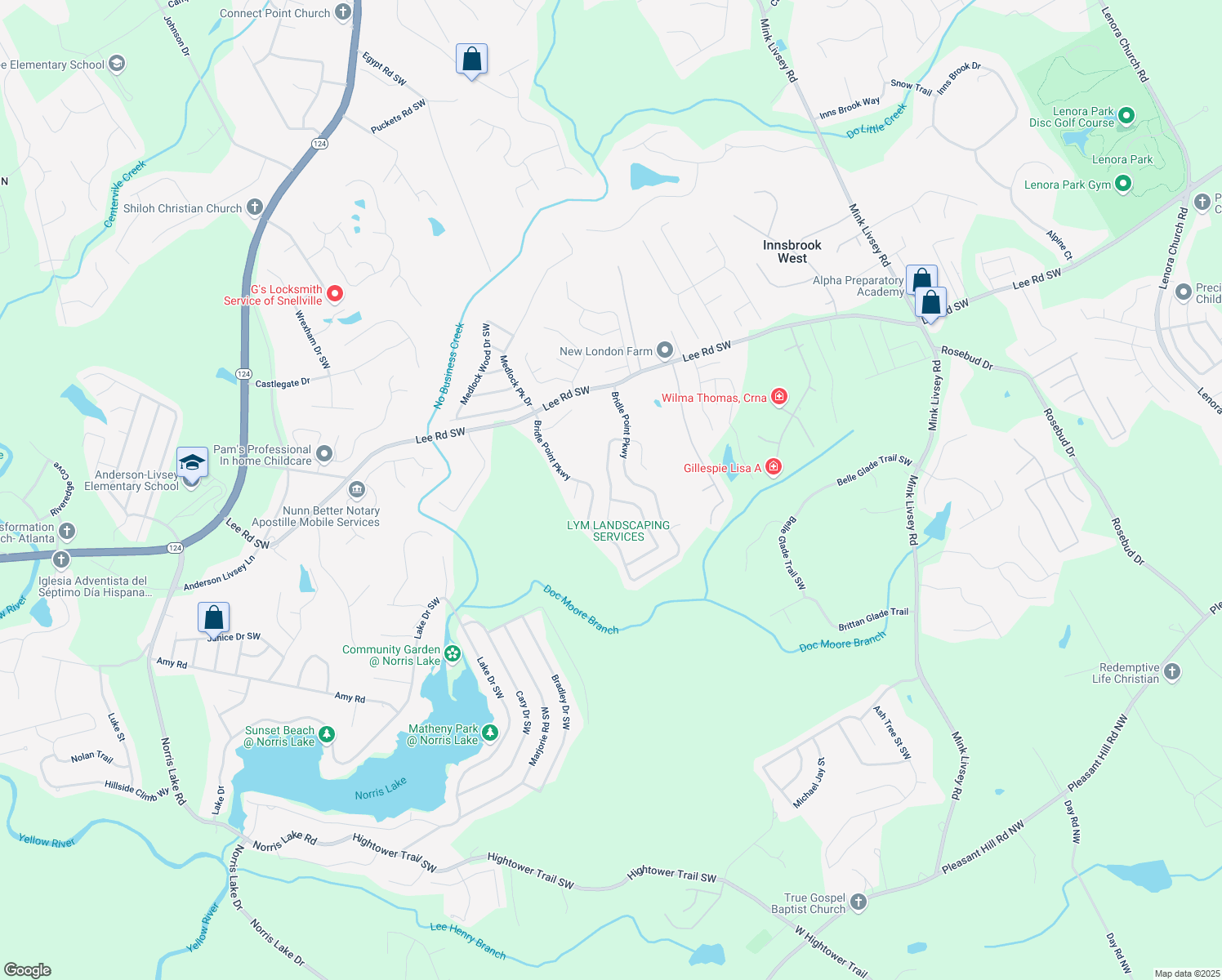 map of restaurants, bars, coffee shops, grocery stores, and more near Arabian Way Southwest in Snellville