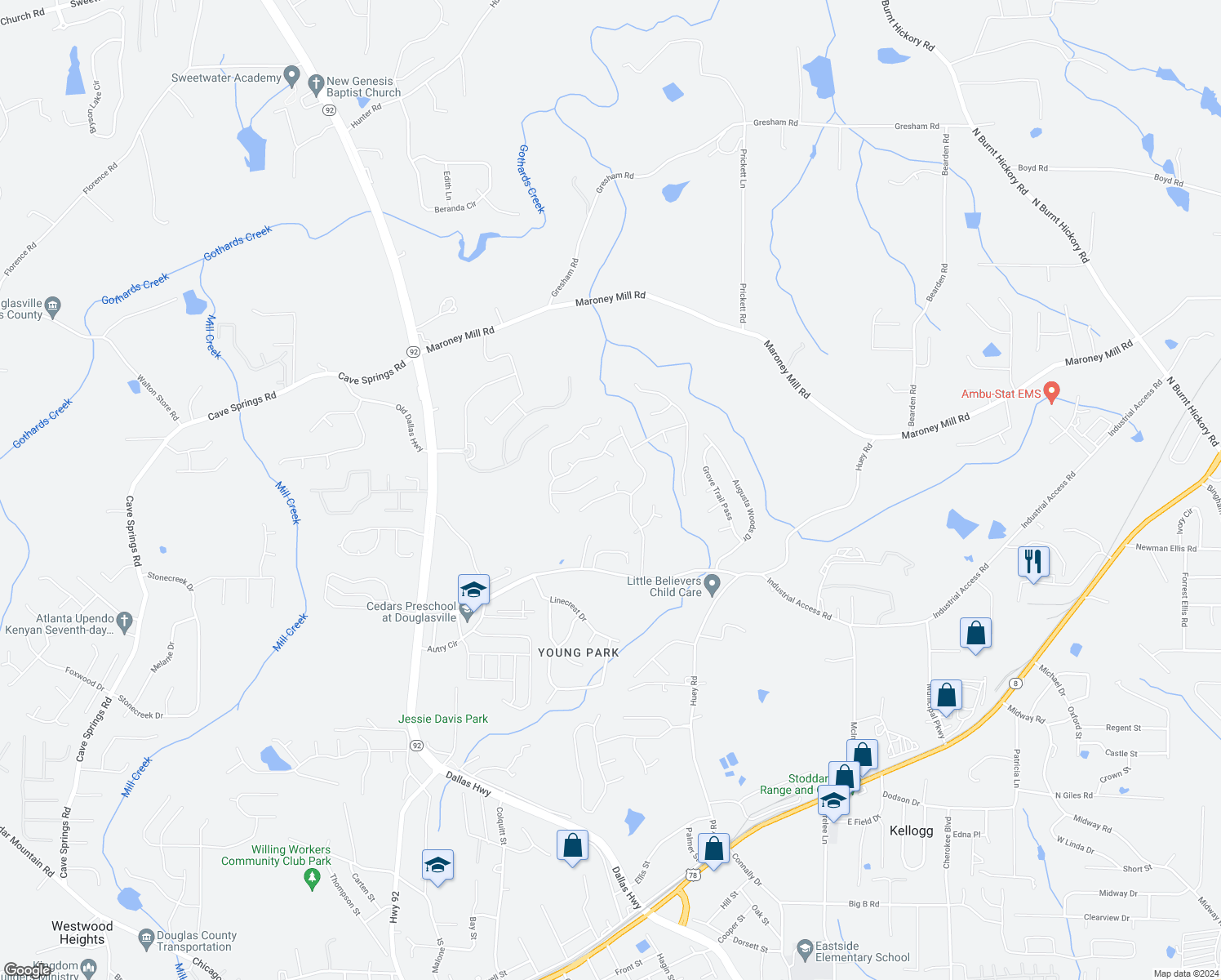 map of restaurants, bars, coffee shops, grocery stores, and more near 6320 Holborne Lane in Douglasville