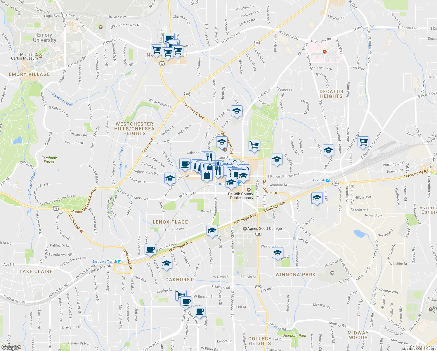 map of restaurants, bars, coffee shops, grocery stores, and more near 208-220 West Ponce de Leon Avenue in Decatur