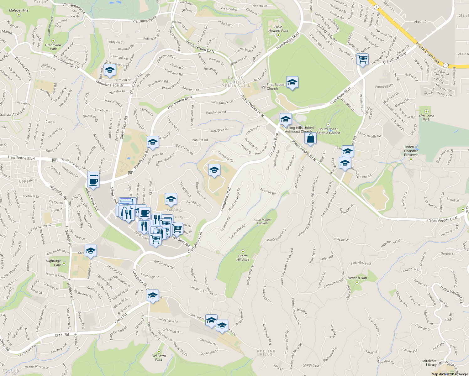 map of restaurants, bars, coffee shops, grocery stores, and more near 27351 Rainbow Ridge Road in Rolling Hills