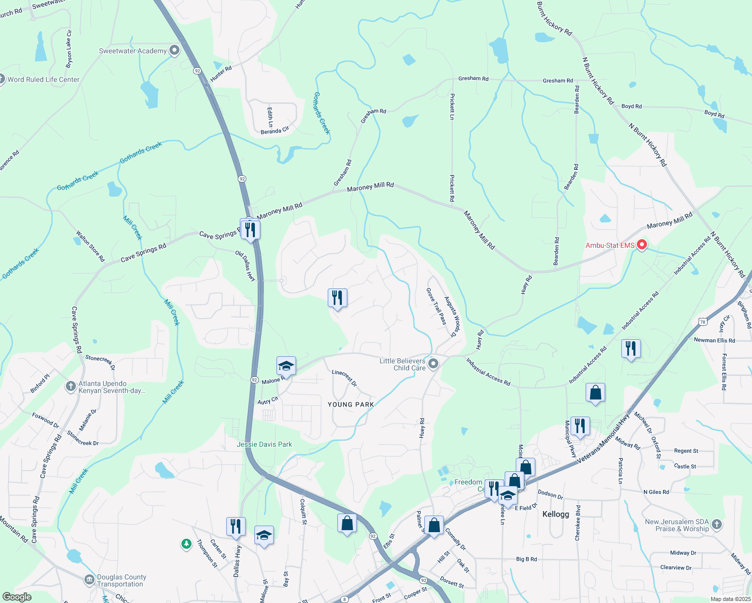map of restaurants, bars, coffee shops, grocery stores, and more near 6300 Holborne Lane in Douglasville